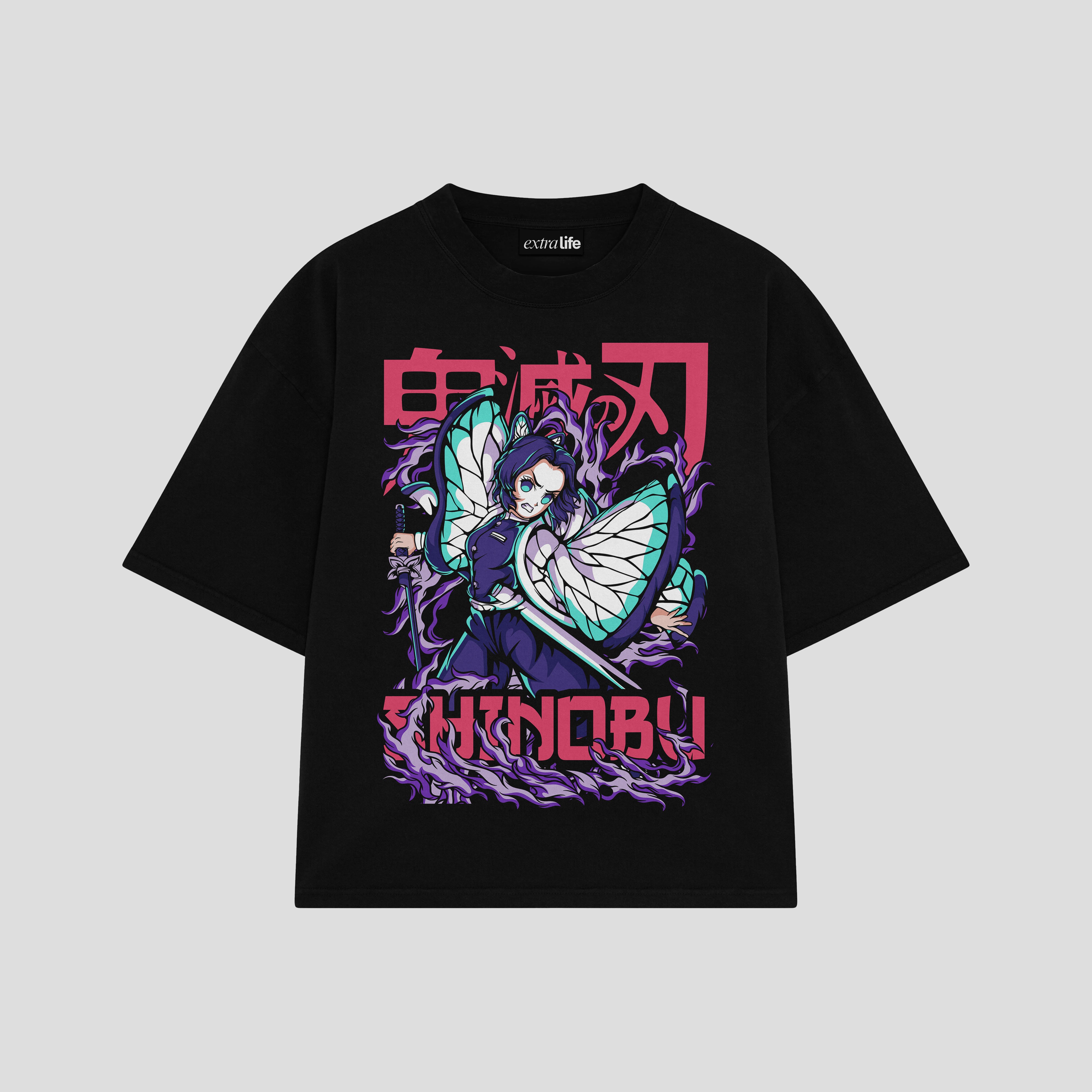 Playera streetwear premium de anime y gaming ExtraLife MX, corte boxy oversized drop shoulder heavyweight en color Deep Black y Off-White, moda urbana mexicana de culto.