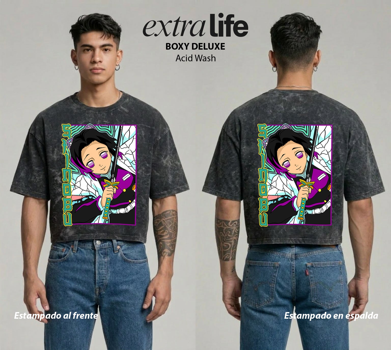 Playera streetwear premium de anime y gaming ExtraLife MX, corte boxy deluxe mineral wash heavyweight en color Acid Wash, moda urbana mexicana de culto.