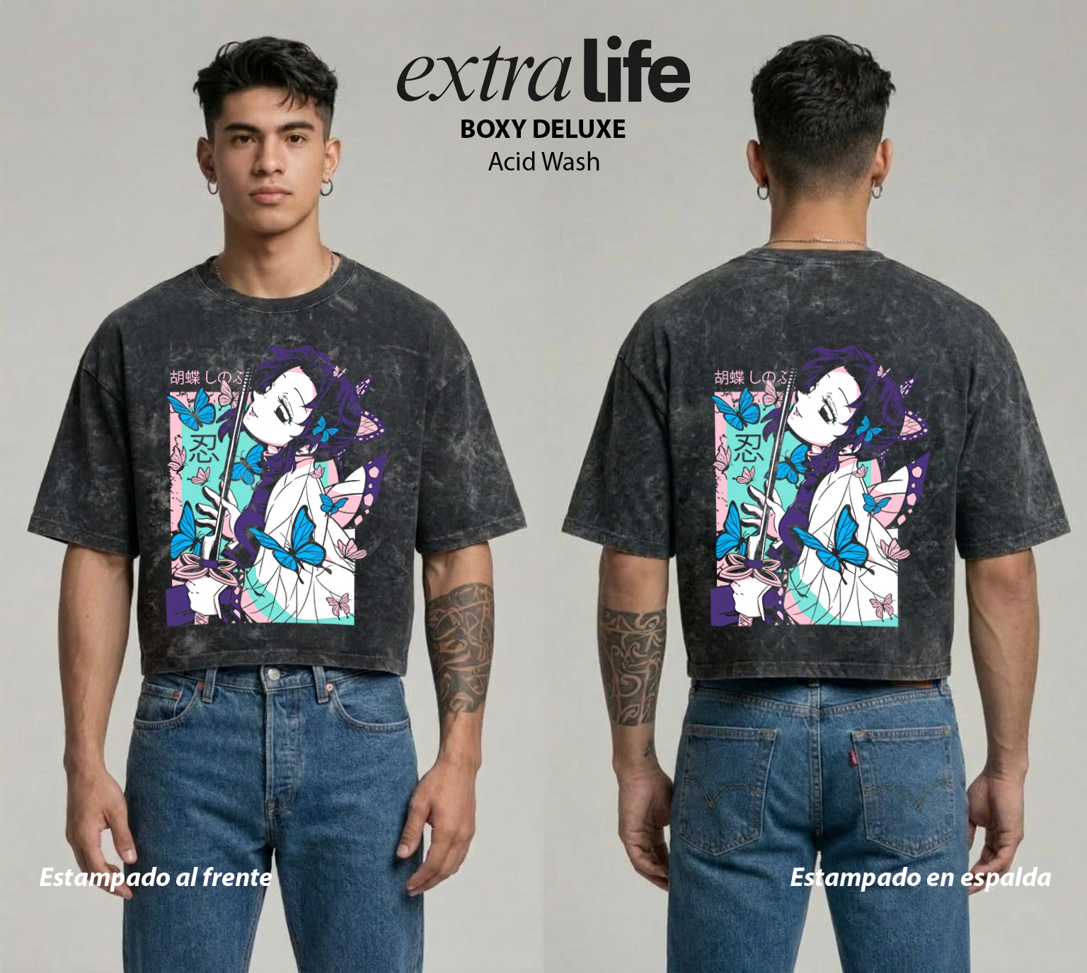 Playera streetwear premium de anime y gaming ExtraLife MX, corte boxy deluxe mineral wash heavyweight en color Acid Wash, moda urbana mexicana de culto.