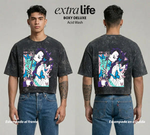Playera streetwear premium de anime y gaming ExtraLife MX, corte boxy deluxe mineral wash heavyweight en color Acid Wash, moda urbana mexicana de culto.