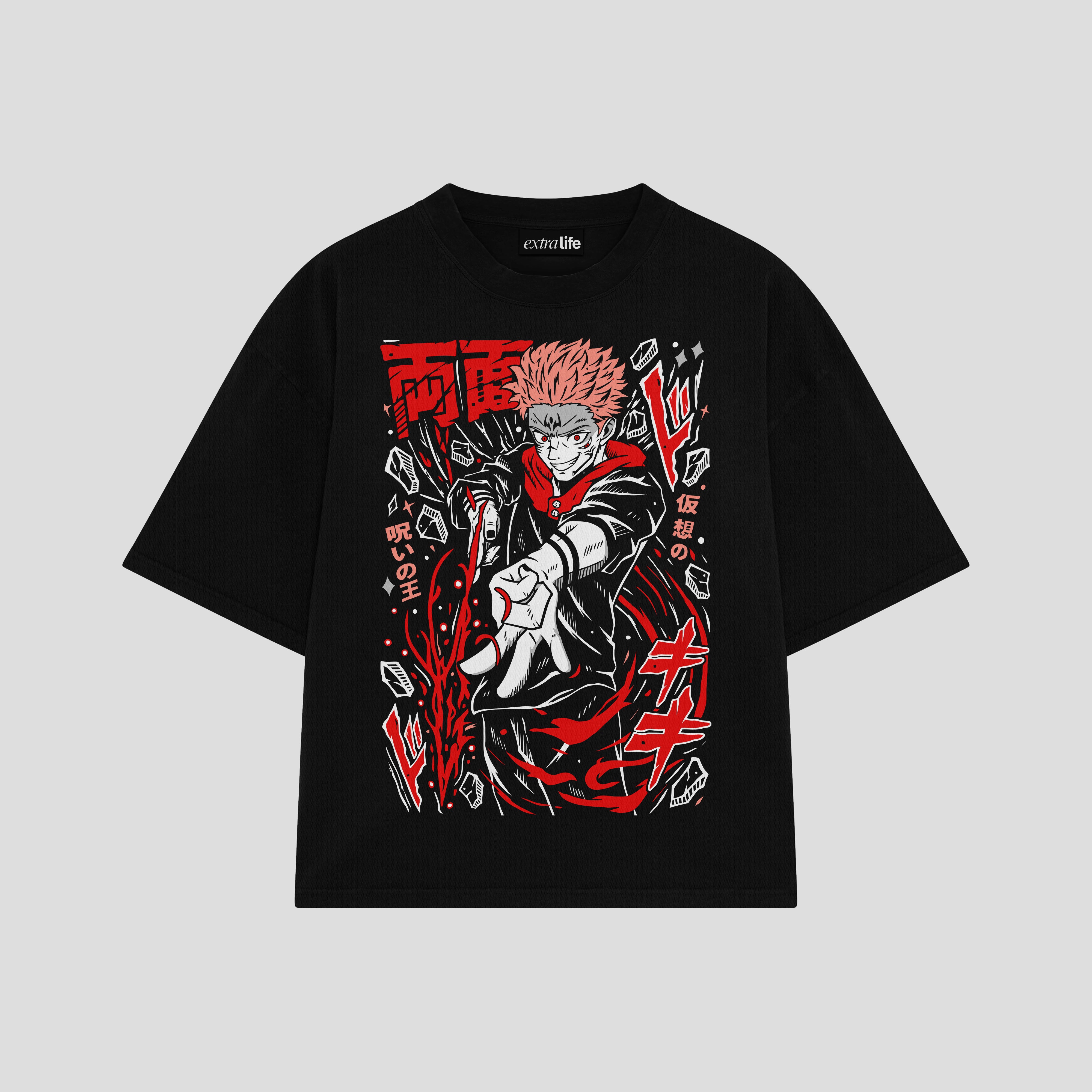 Playera streetwear premium de anime y gaming ExtraLife MX, corte boxy oversized drop shoulder heavyweight en color Deep Black y Off-White, moda urbana mexicana de culto.