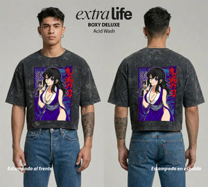 Playera streetwear premium de anime y gaming ExtraLife MX, corte boxy deluxe mineral wash heavyweight en color Acid Wash, moda urbana mexicana de culto.