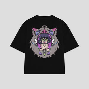 Playera streetwear premium de anime y gaming ExtraLife MX, corte boxy oversized drop shoulder heavyweight en color Deep Black y Off-White, moda urbana mexicana de culto.
