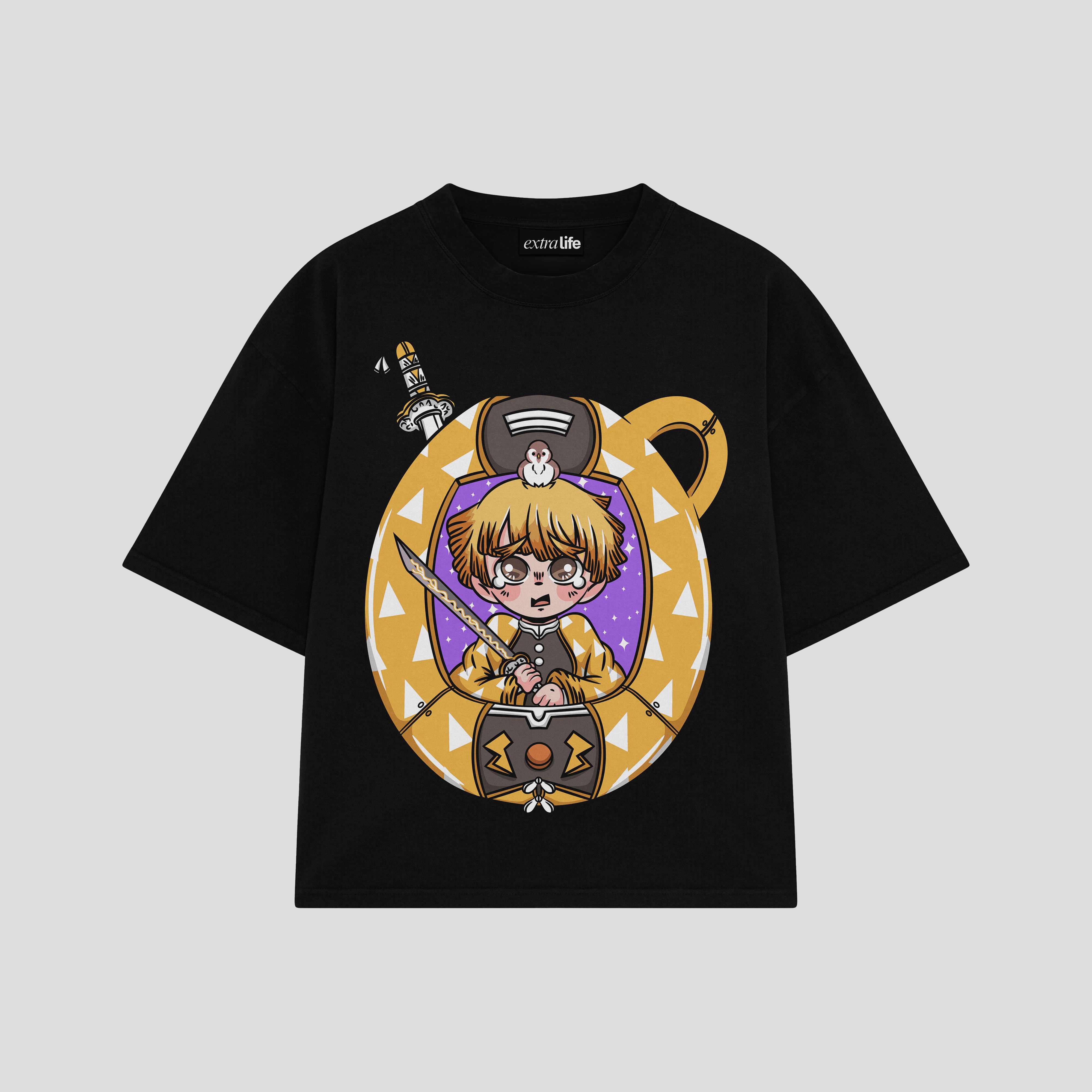 Playera streetwear premium de anime y gaming ExtraLife MX, corte boxy oversized drop shoulder heavyweight en color Deep Black y Off-White, moda urbana mexicana de culto.