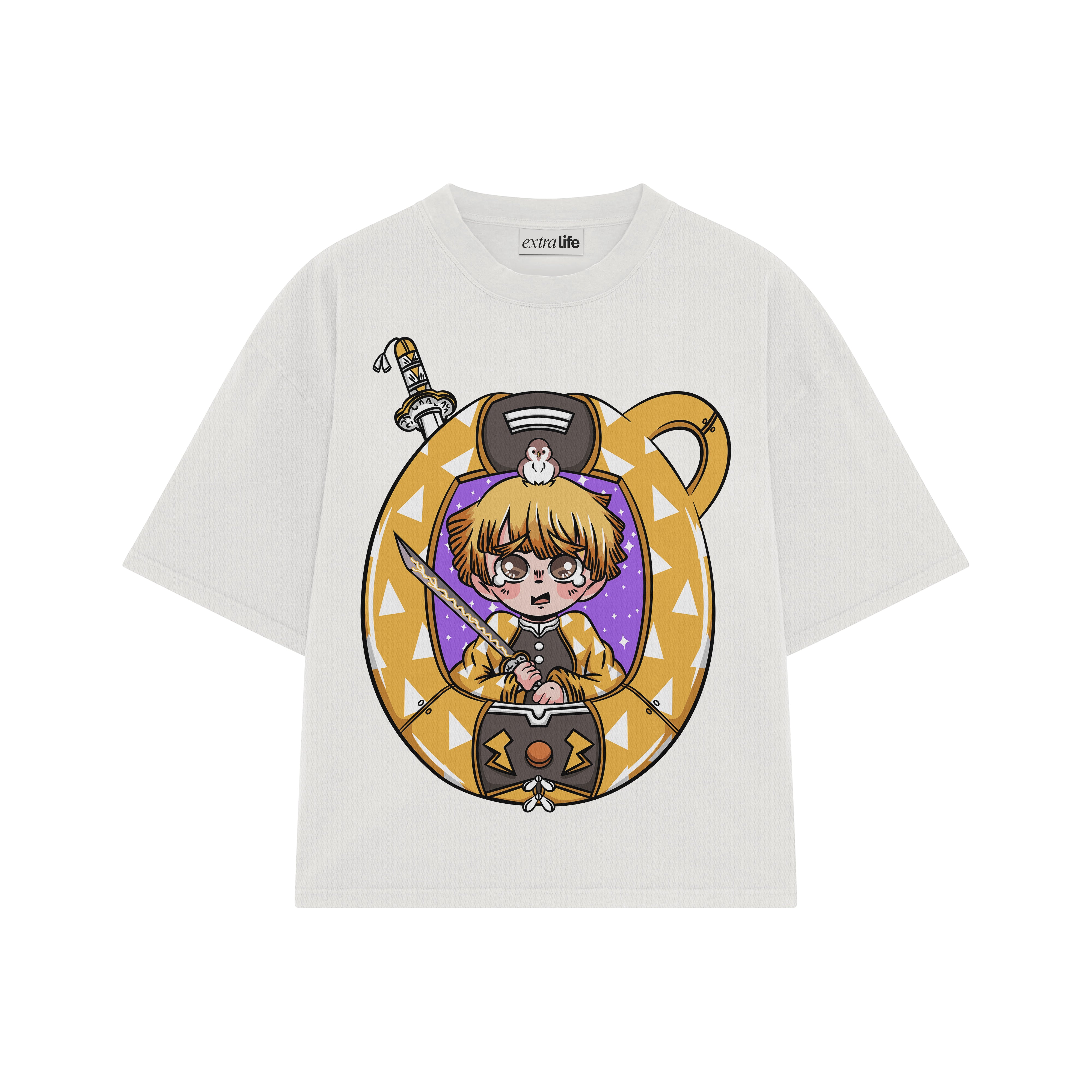 Playera streetwear premium de anime y gaming ExtraLife MX, corte boxy oversized drop shoulder heavyweight en color Deep Black y Off-White, moda urbana mexicana de culto.