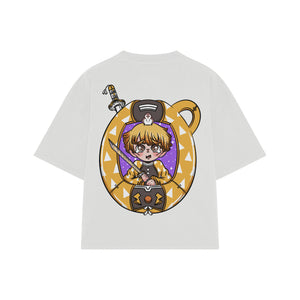 Playera streetwear premium de anime y gaming ExtraLife MX, corte boxy oversized drop shoulder heavyweight en color Deep Black y Off-White, moda urbana mexicana de culto.
