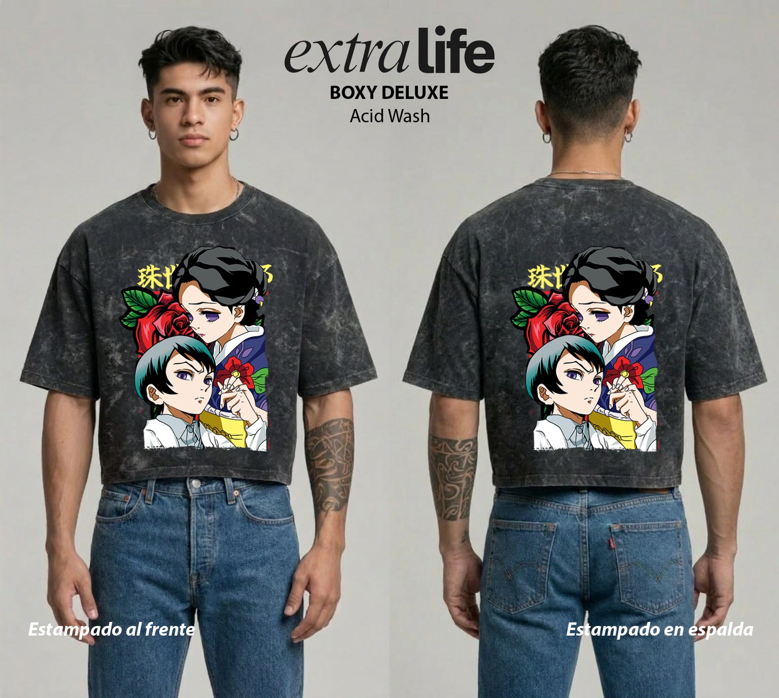 Playera streetwear premium de anime y gaming ExtraLife MX, corte boxy deluxe mineral wash heavyweight en color Acid Wash, moda urbana mexicana de culto.