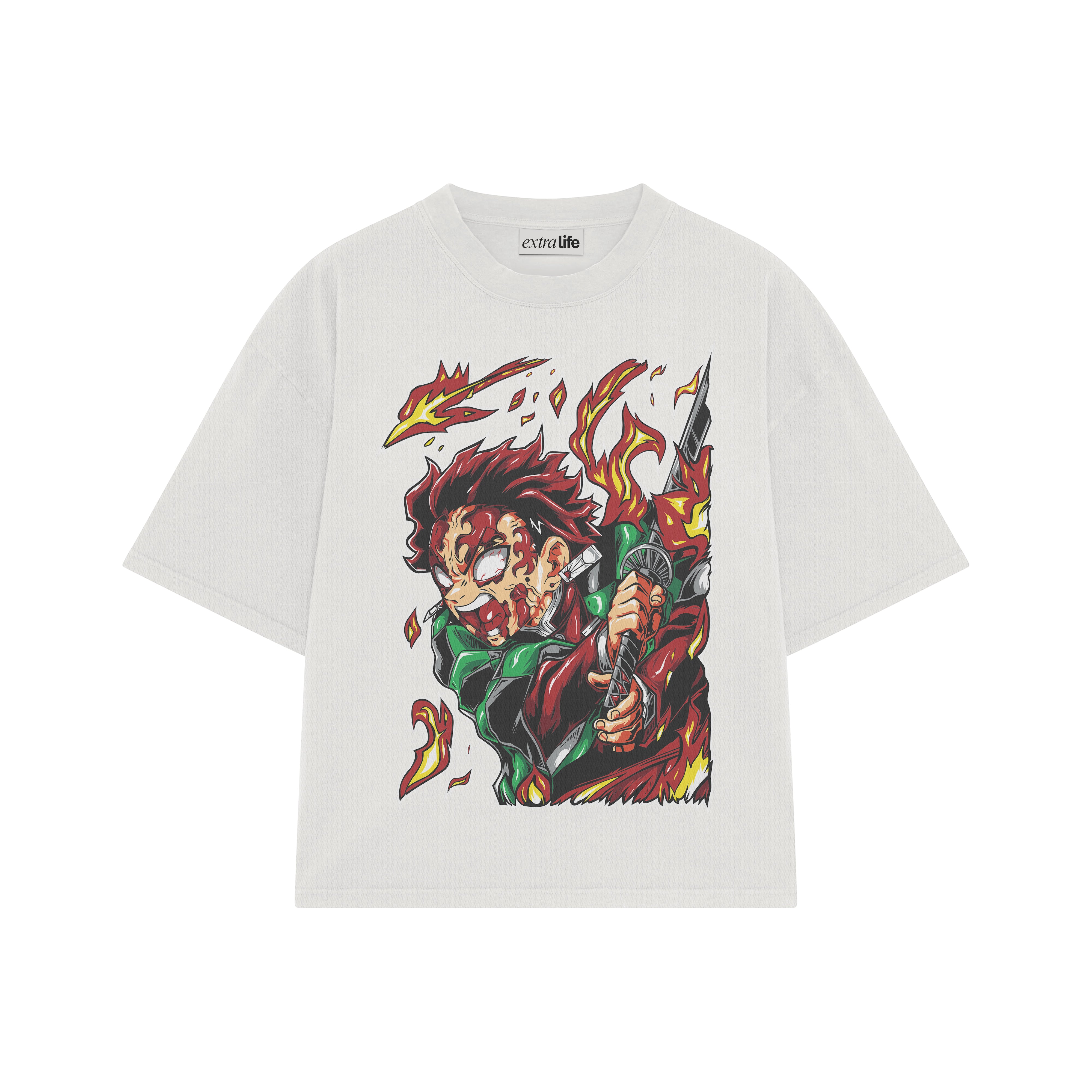 Playera streetwear premium de anime y gaming ExtraLife MX, corte boxy oversized drop shoulder heavyweight en color Deep Black y Off-White, moda urbana mexicana de culto.