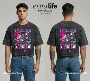 Playera streetwear premium de anime y gaming ExtraLife MX, corte boxy deluxe mineral wash heavyweight en color Acid Wash, moda urbana mexicana de culto.