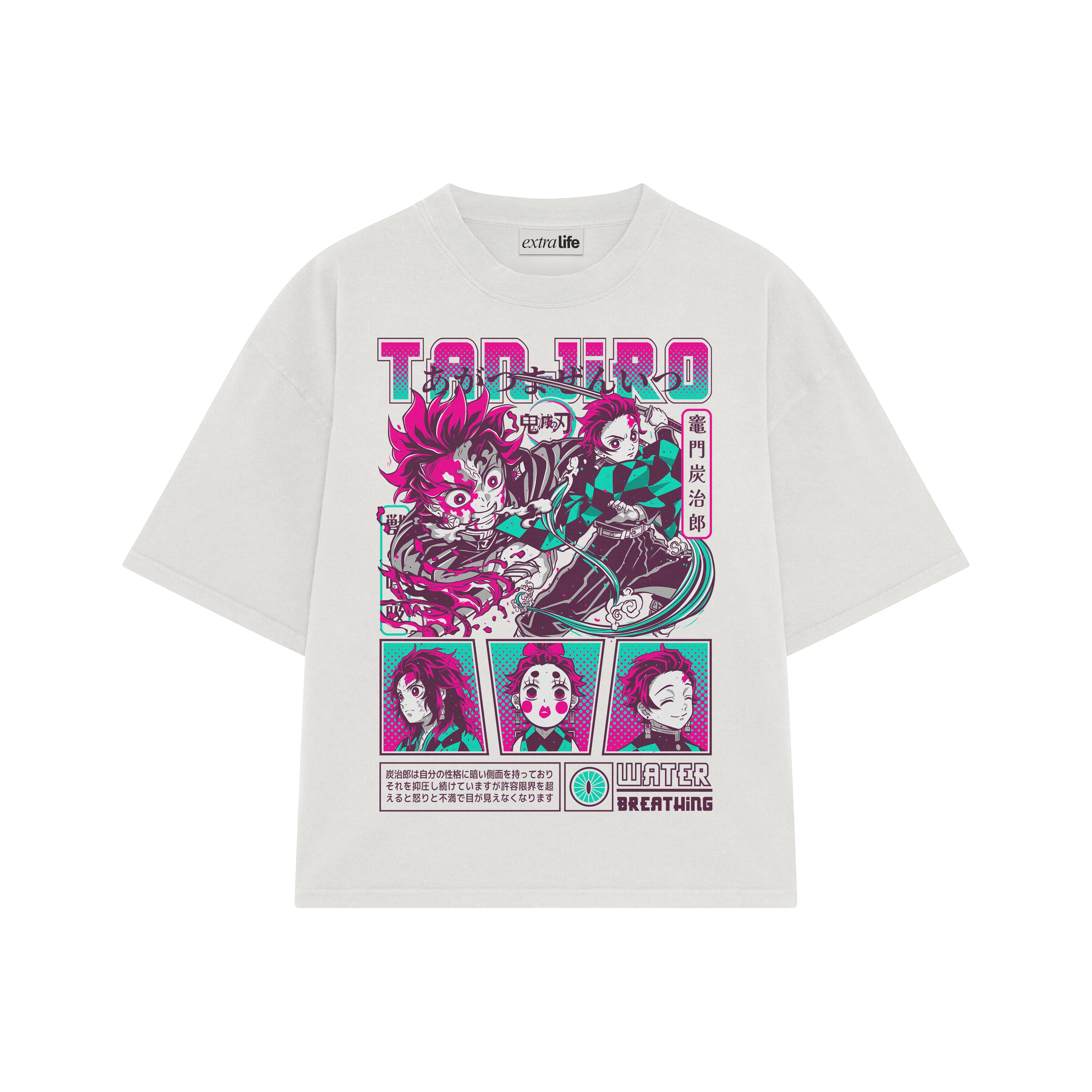 Playera streetwear premium de anime y gaming ExtraLife MX, corte boxy oversized drop shoulder heavyweight en color Deep Black y Off-White, moda urbana mexicana de culto.