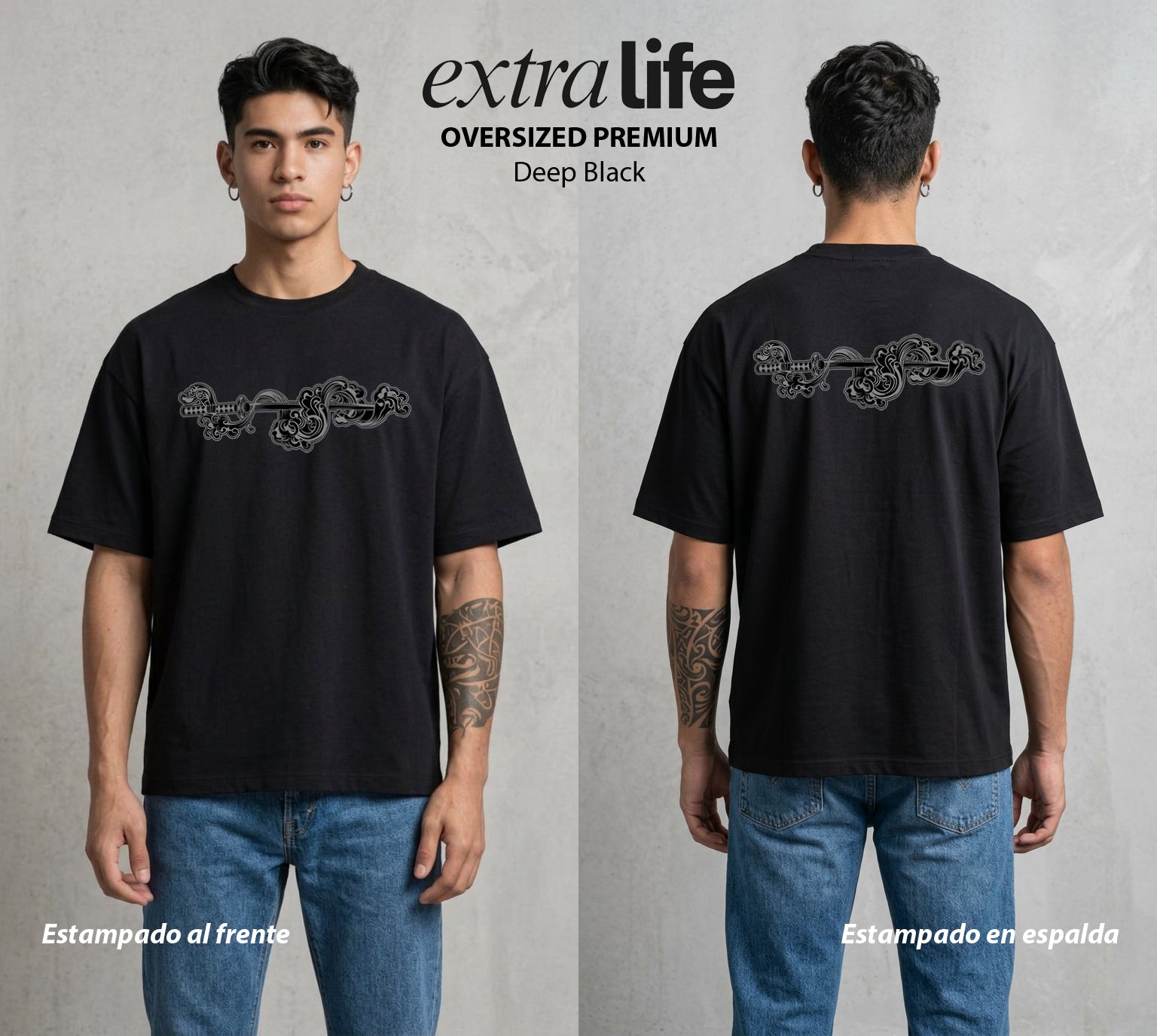 Cazadores de la Noche | Agua y Fuego del Sol #01203 - Playera Oversized Premium | Deep Black - Foto en modelo