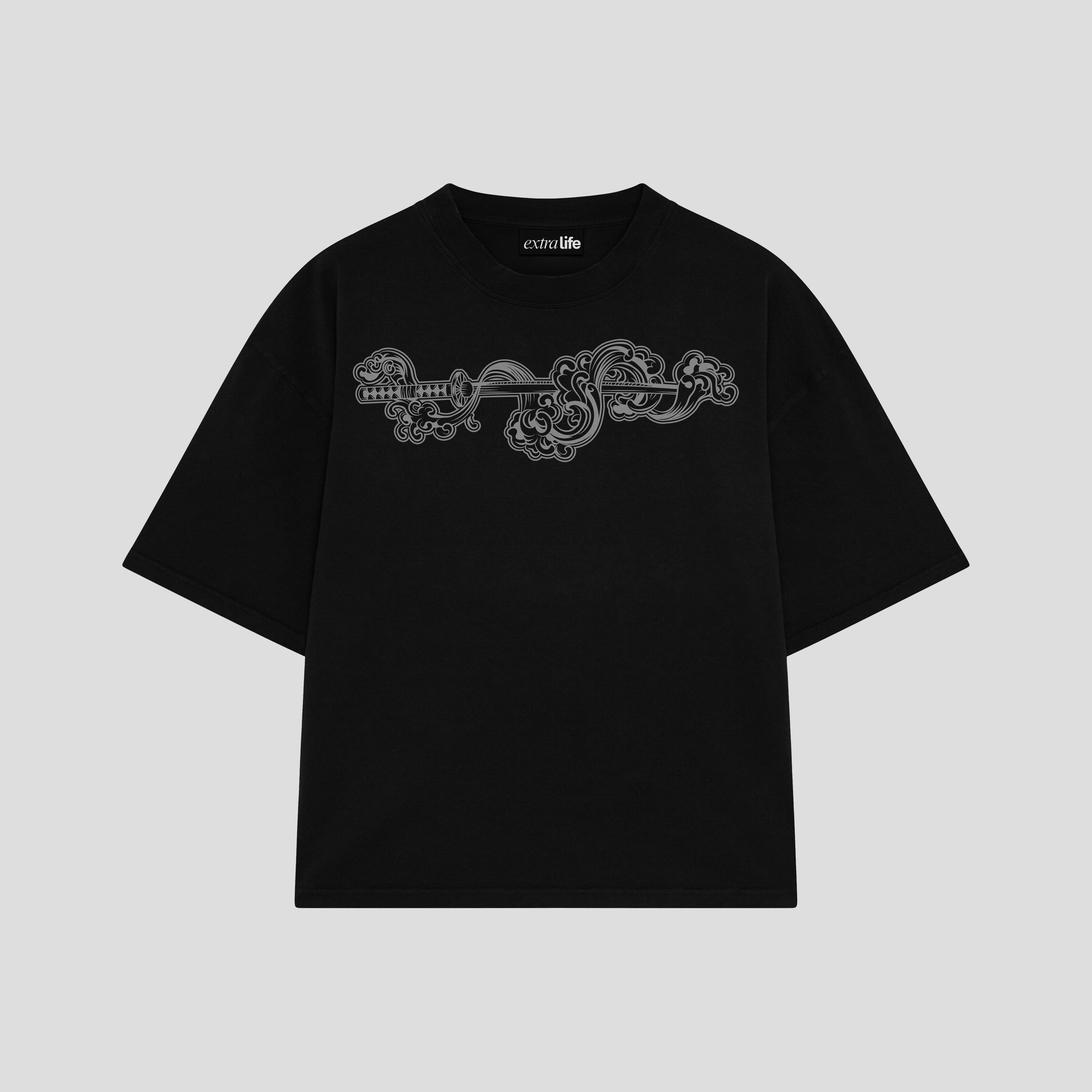 Playera streetwear premium de anime y gaming ExtraLife MX, corte boxy oversized drop shoulder heavyweight en color Deep Black y Off-White, moda urbana mexicana de culto.