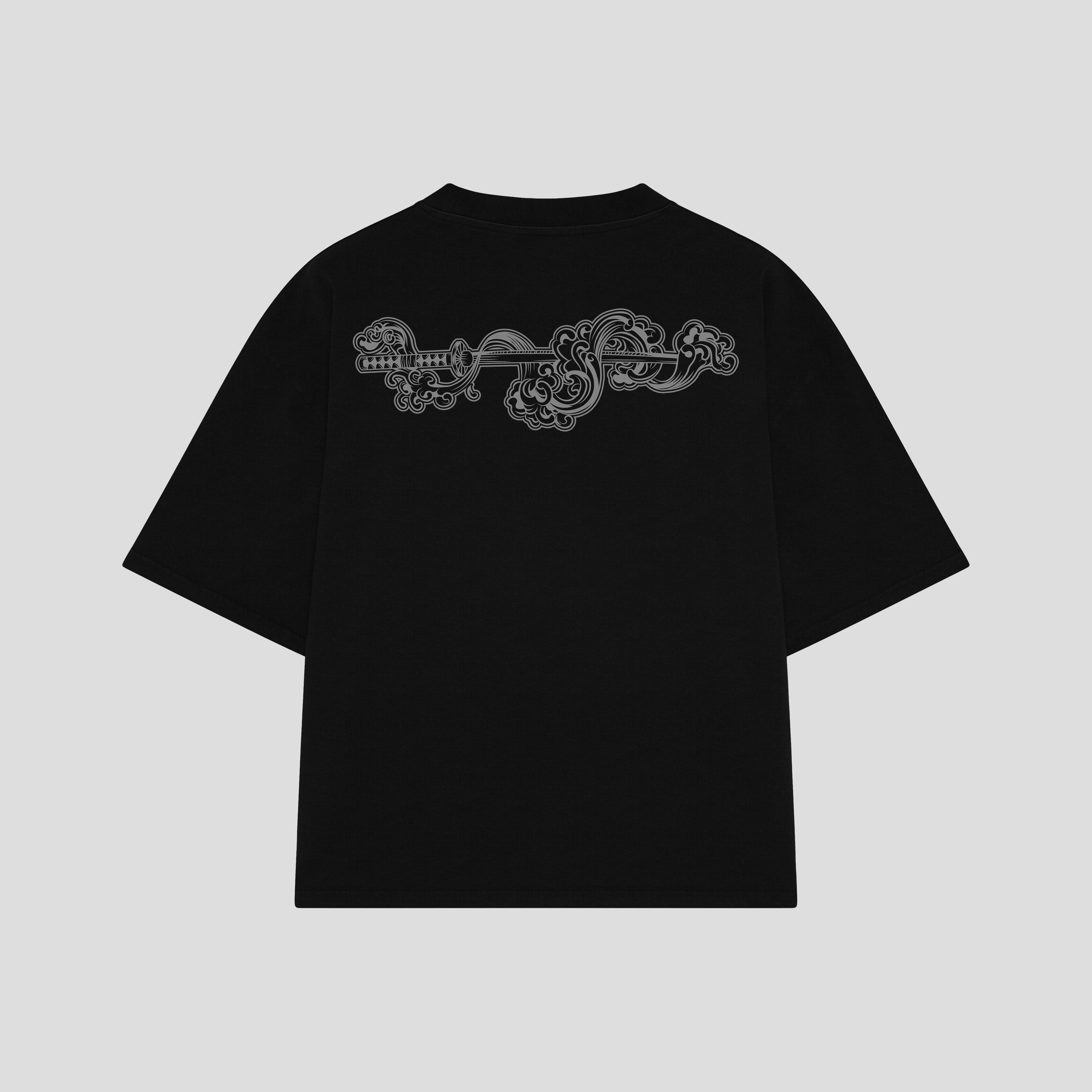 Playera streetwear premium de anime y gaming ExtraLife MX, corte boxy oversized drop shoulder heavyweight en color Deep Black y Off-White, moda urbana mexicana de culto.