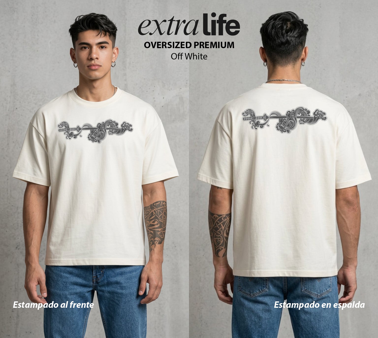 Cazadores de la Noche | Agua y Fuego del Sol #01203 - Playera Oversized Premium | Off White - Foto en modelo