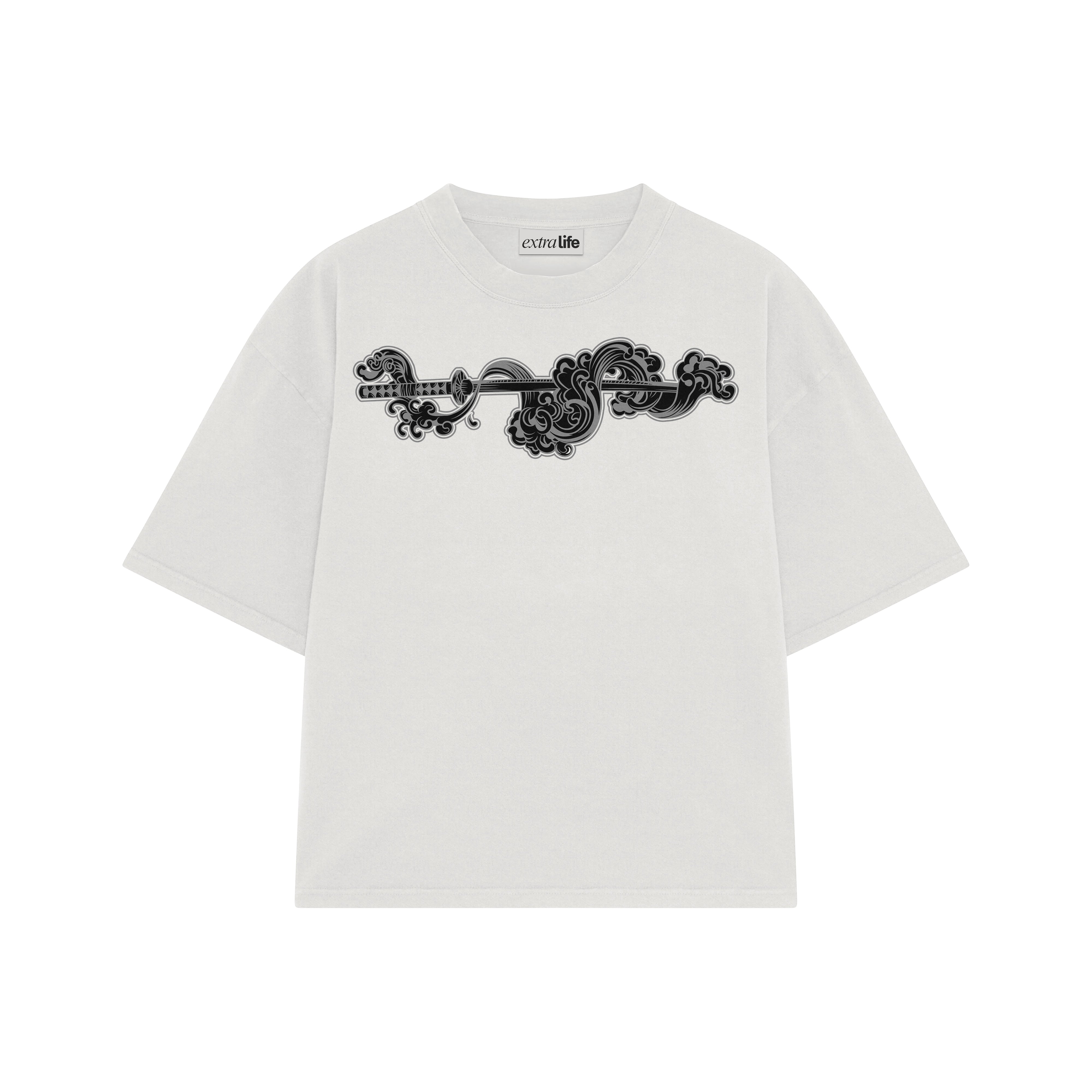 Playera streetwear premium de anime y gaming ExtraLife MX, corte boxy oversized drop shoulder heavyweight en color Deep Black y Off-White, moda urbana mexicana de culto.
