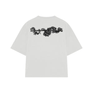 Playera streetwear premium de anime y gaming ExtraLife MX, corte boxy oversized drop shoulder heavyweight en color Deep Black y Off-White, moda urbana mexicana de culto.