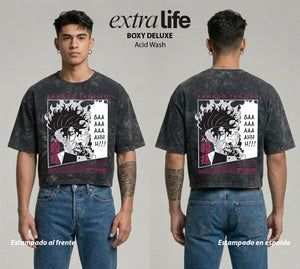 Playera streetwear premium de anime y gaming ExtraLife MX, corte boxy deluxe mineral wash heavyweight en color Acid Wash, moda urbana mexicana de culto.