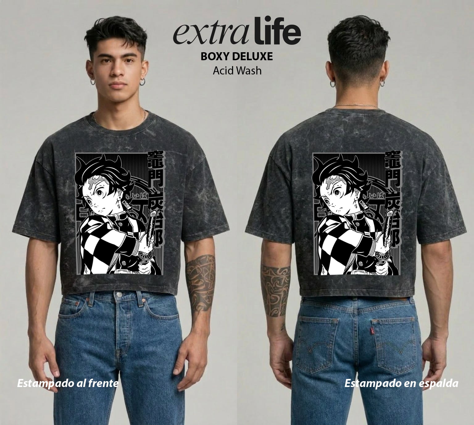 Playera streetwear premium de anime y gaming ExtraLife MX, corte boxy deluxe mineral wash heavyweight en color Acid Wash, moda urbana mexicana de culto.