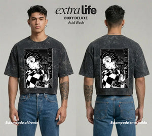 Playera streetwear premium de anime y gaming ExtraLife MX, corte boxy deluxe mineral wash heavyweight en color Acid Wash, moda urbana mexicana de culto.