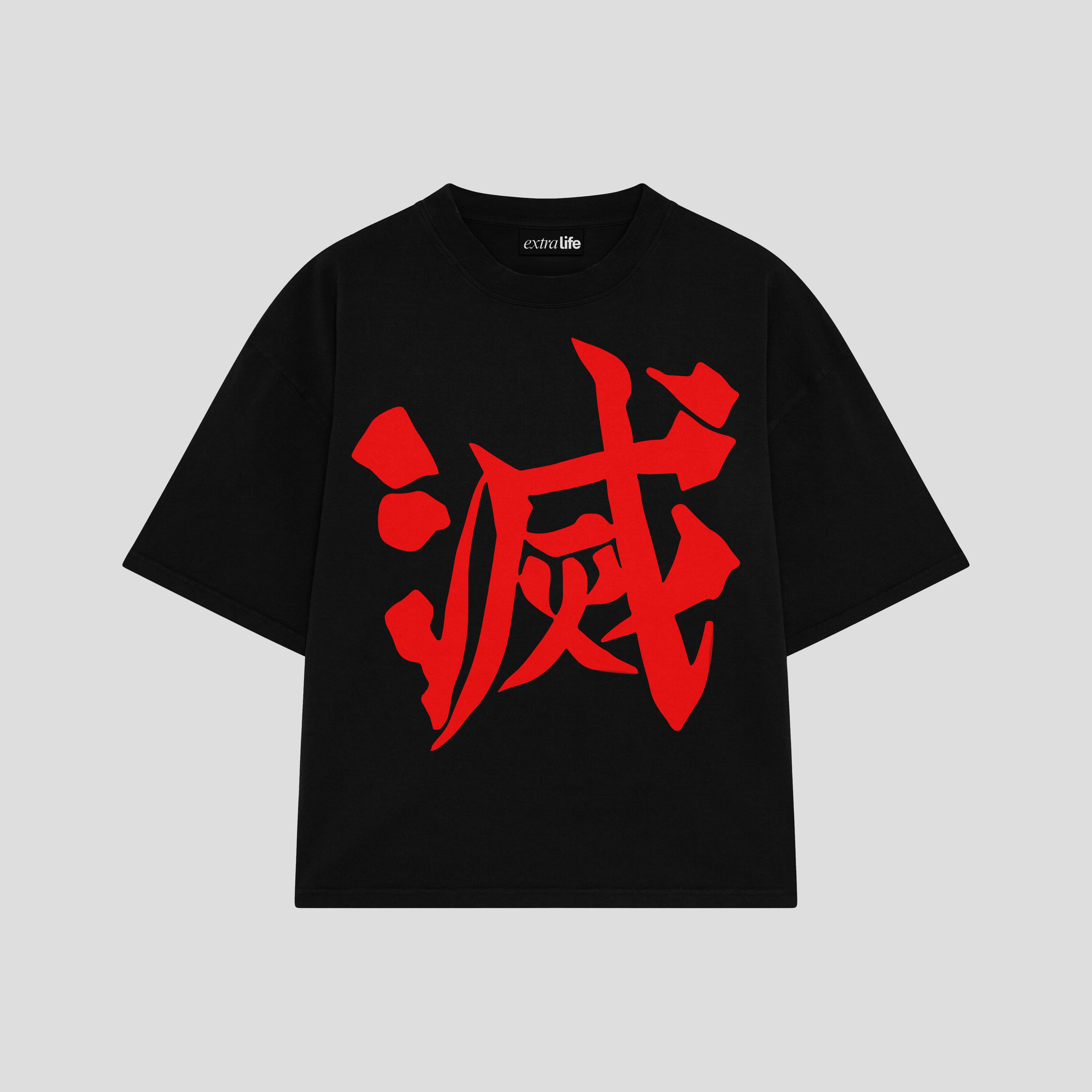 Playera streetwear premium de anime y gaming ExtraLife MX, corte boxy oversized drop shoulder heavyweight en color Deep Black y Off-White, moda urbana mexicana de culto.