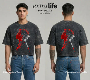 Playera streetwear premium de anime y gaming ExtraLife MX, corte boxy deluxe mineral wash heavyweight en color Acid Wash, moda urbana mexicana de culto.