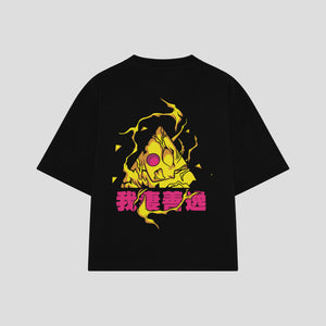 Playera streetwear premium de anime y gaming ExtraLife MX, corte boxy oversized drop shoulder heavyweight en color Deep Black y Off-White, moda urbana mexicana de culto.