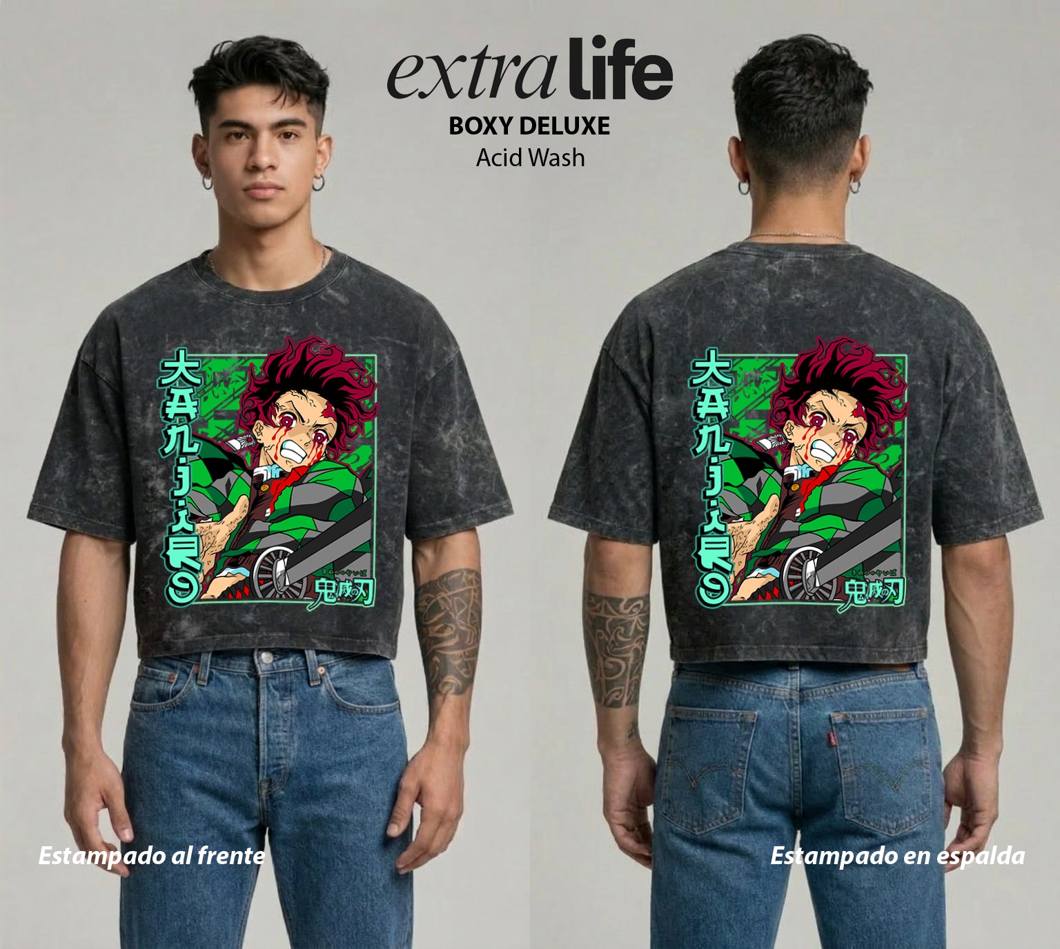 Playera streetwear premium de anime y gaming ExtraLife MX, corte boxy deluxe mineral wash heavyweight en color Acid Wash, moda urbana mexicana de culto.