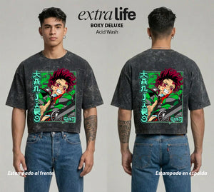 Playera streetwear premium de anime y gaming ExtraLife MX, corte boxy deluxe mineral wash heavyweight en color Acid Wash, moda urbana mexicana de culto.