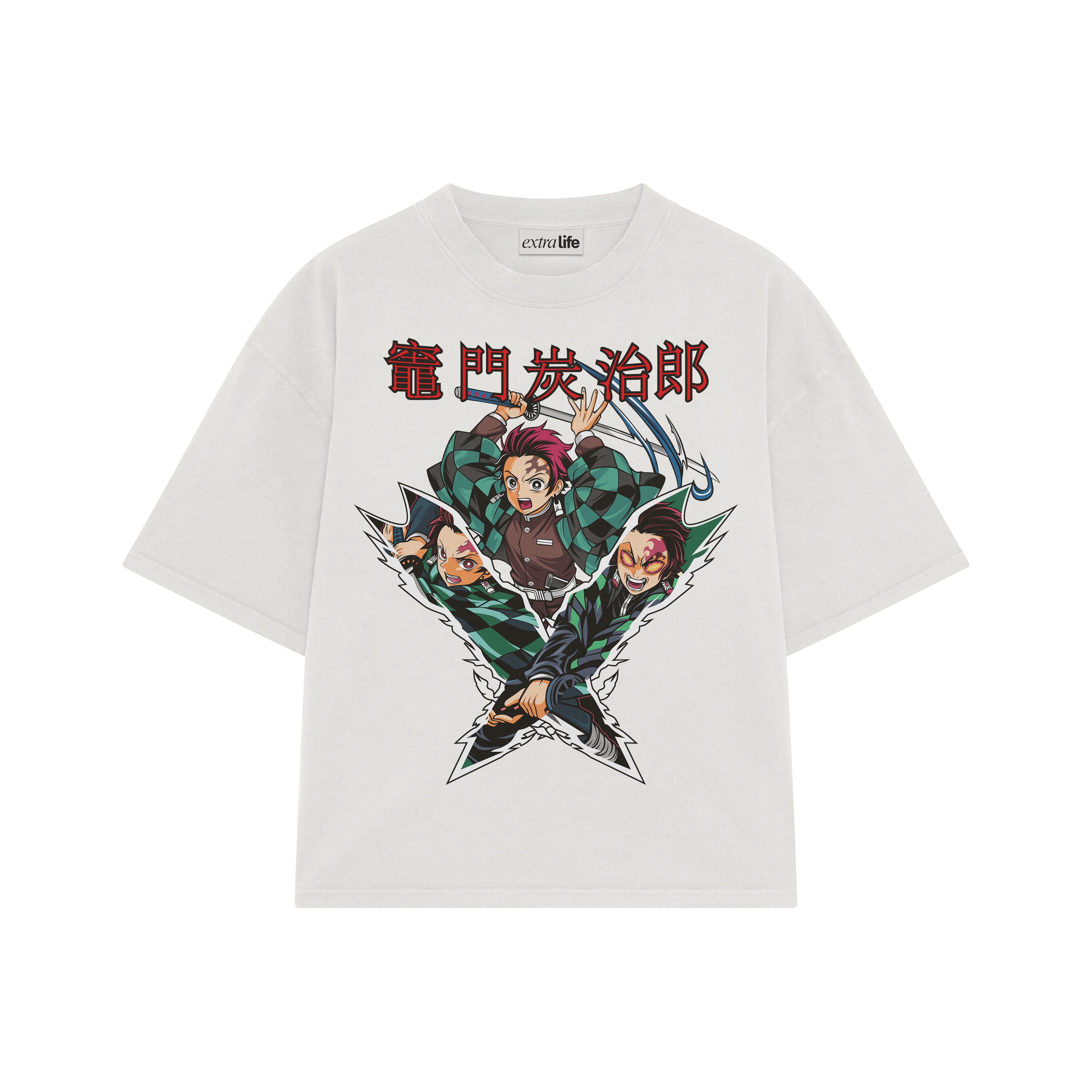 Playera streetwear premium de anime y gaming ExtraLife MX, corte boxy oversized drop shoulder heavyweight en color Deep Black y Off-White, moda urbana mexicana de culto.