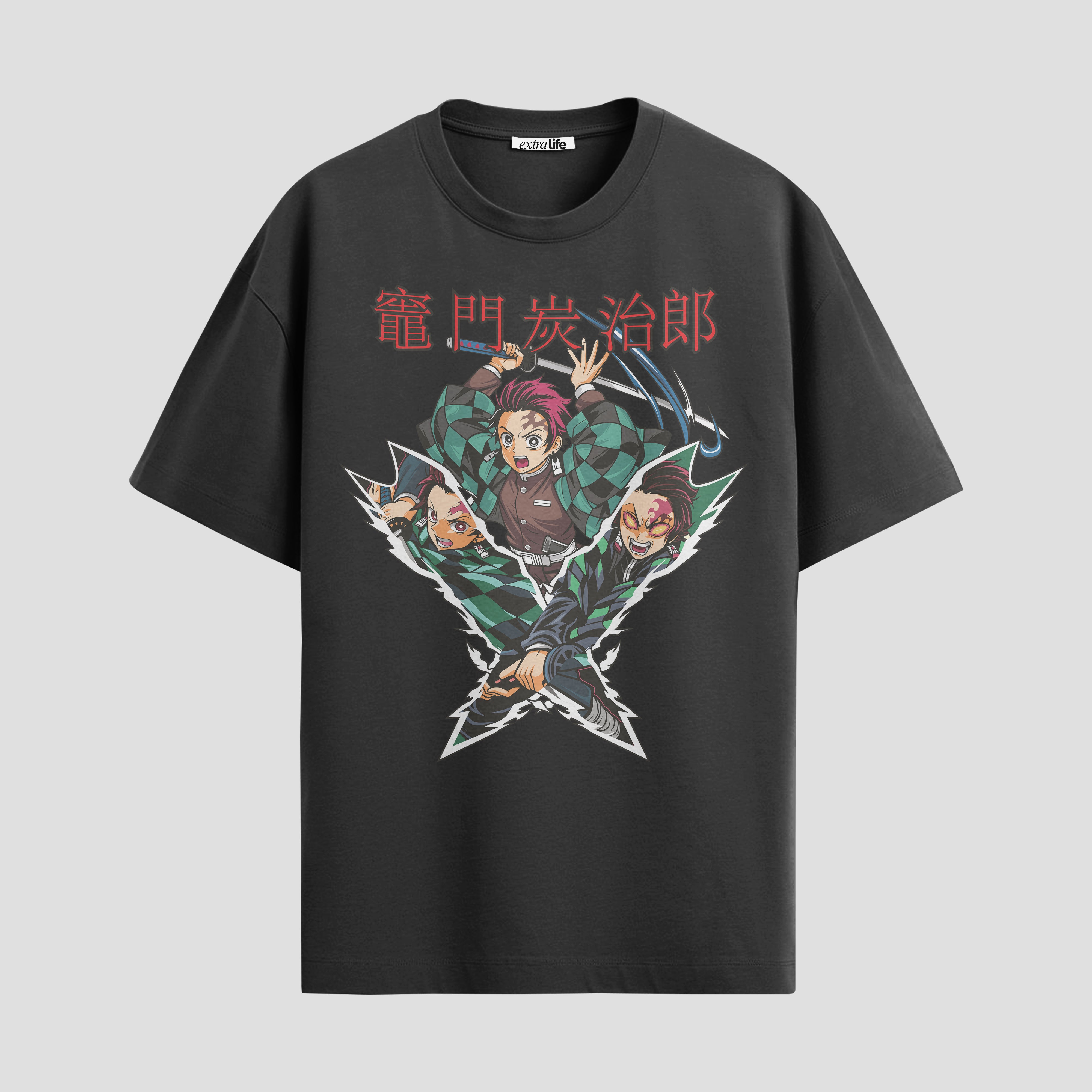 Playera urbana de anime y gaming ExtraLife MX, corte Standard Fit unisex ligero y transpirable en color Deep Black y Pure White, ropa de uso diario para gym y casual.