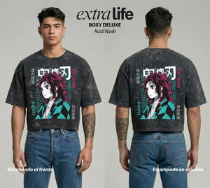 Playera streetwear premium de anime y gaming ExtraLife MX, corte boxy deluxe mineral wash heavyweight en color Acid Wash, moda urbana mexicana de culto.