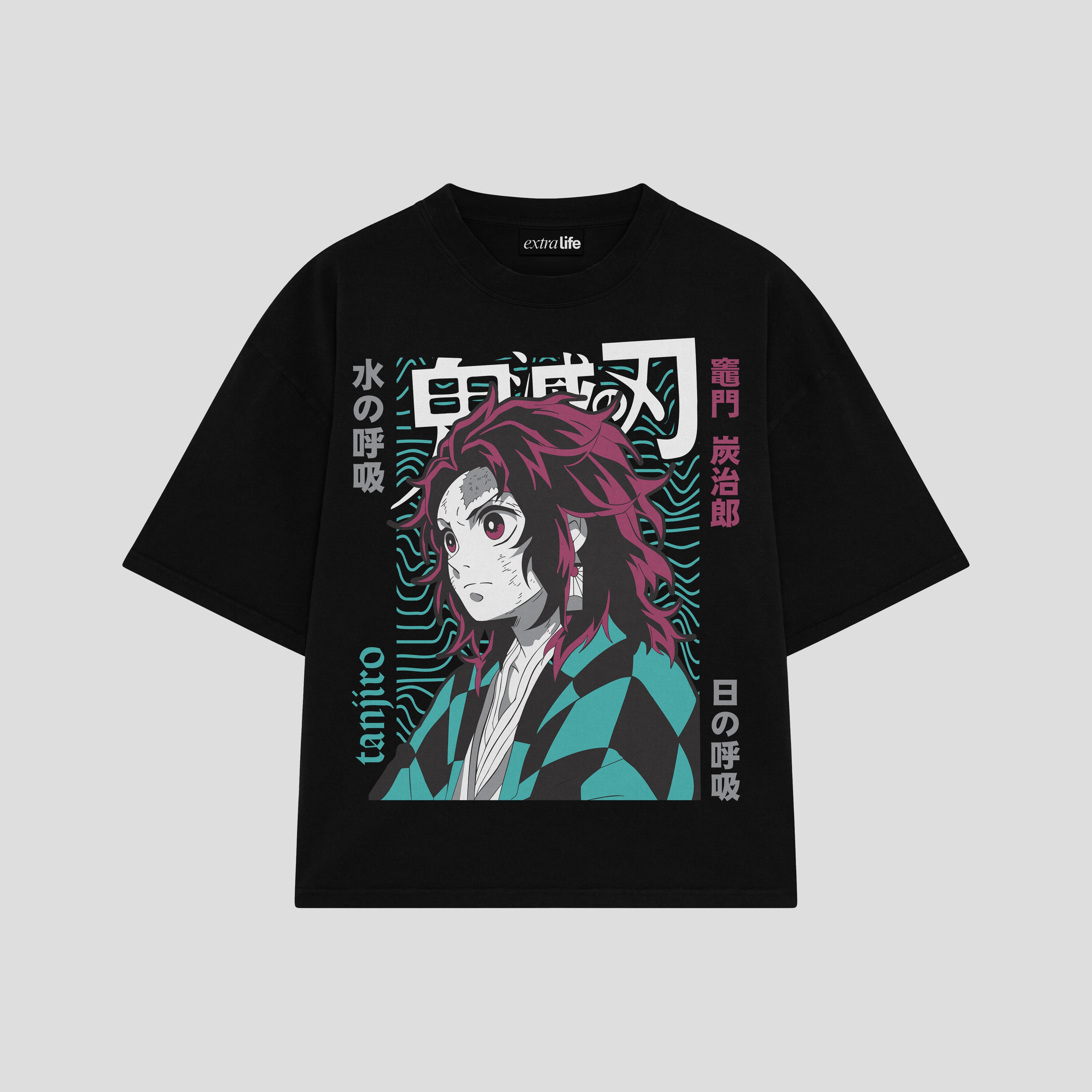 Playera streetwear premium de anime y gaming ExtraLife MX, corte boxy oversized drop shoulder heavyweight en color Deep Black y Off-White, moda urbana mexicana de culto.
