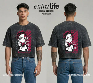 Playera streetwear premium de anime y gaming ExtraLife MX, corte boxy deluxe mineral wash heavyweight en color Acid Wash, moda urbana mexicana de culto.