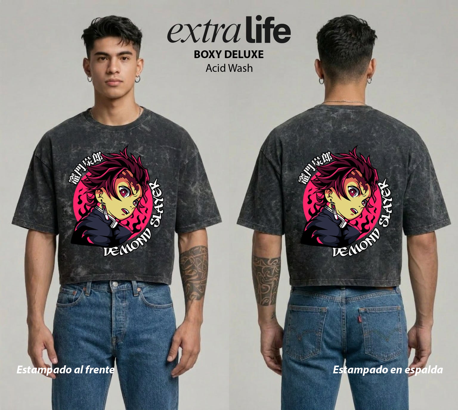 Playera streetwear premium de anime y gaming ExtraLife MX, corte boxy deluxe mineral wash heavyweight en color Acid Wash, moda urbana mexicana de culto.