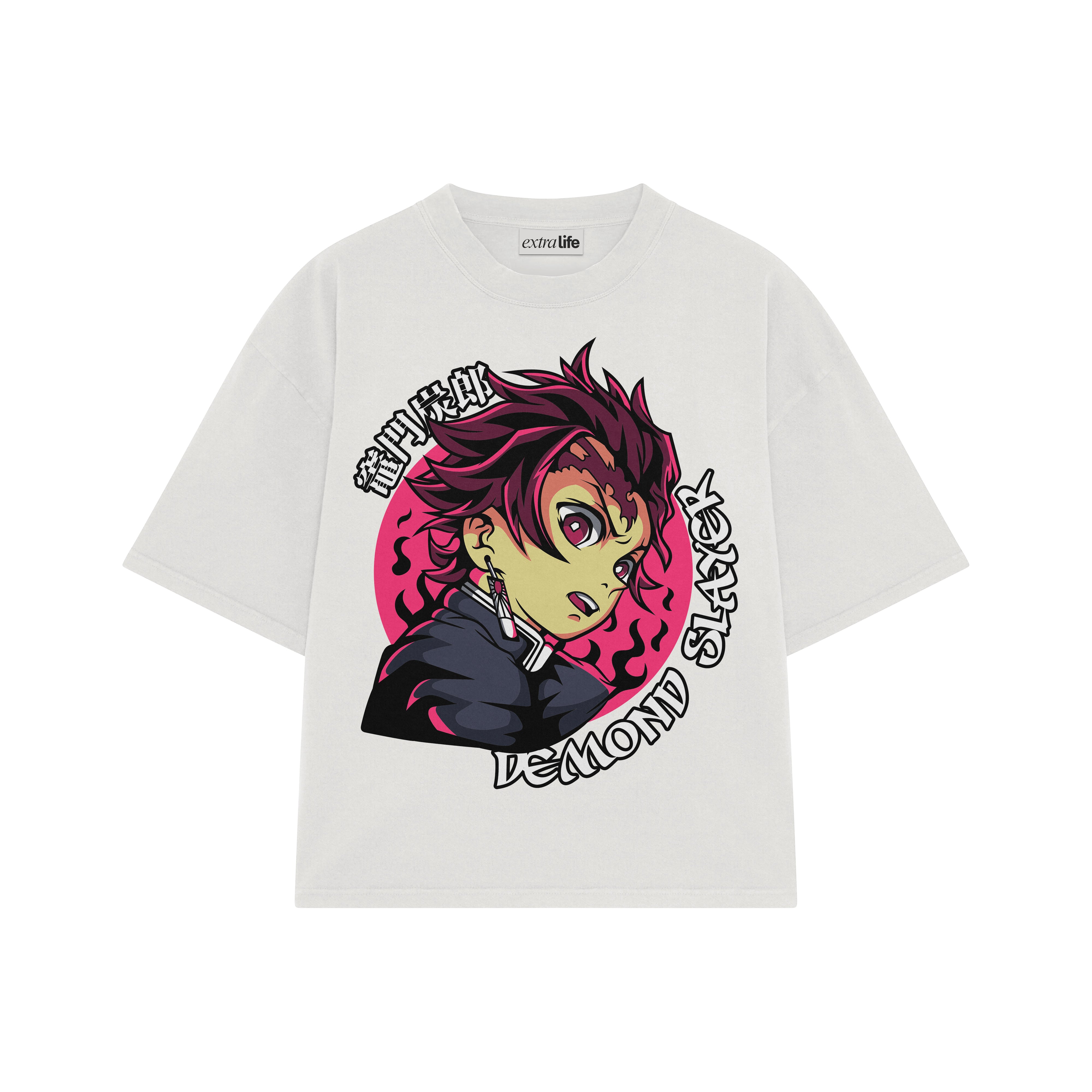 Playera streetwear premium de anime y gaming ExtraLife MX, corte boxy oversized drop shoulder heavyweight en color Deep Black y Off-White, moda urbana mexicana de culto.