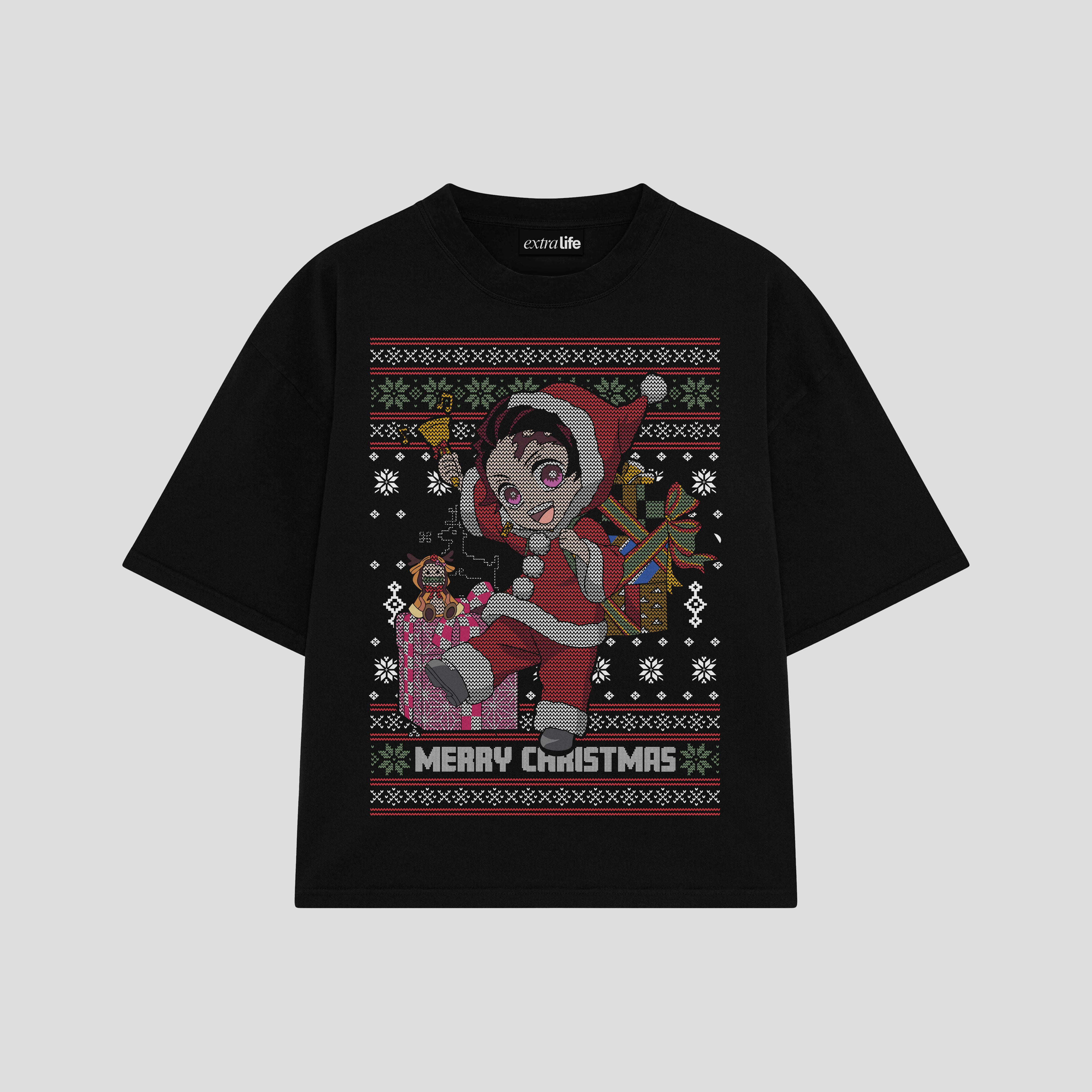 Playera streetwear premium de anime y gaming ExtraLife MX, corte boxy oversized drop shoulder heavyweight en color Deep Black y Off-White, moda urbana mexicana de culto.