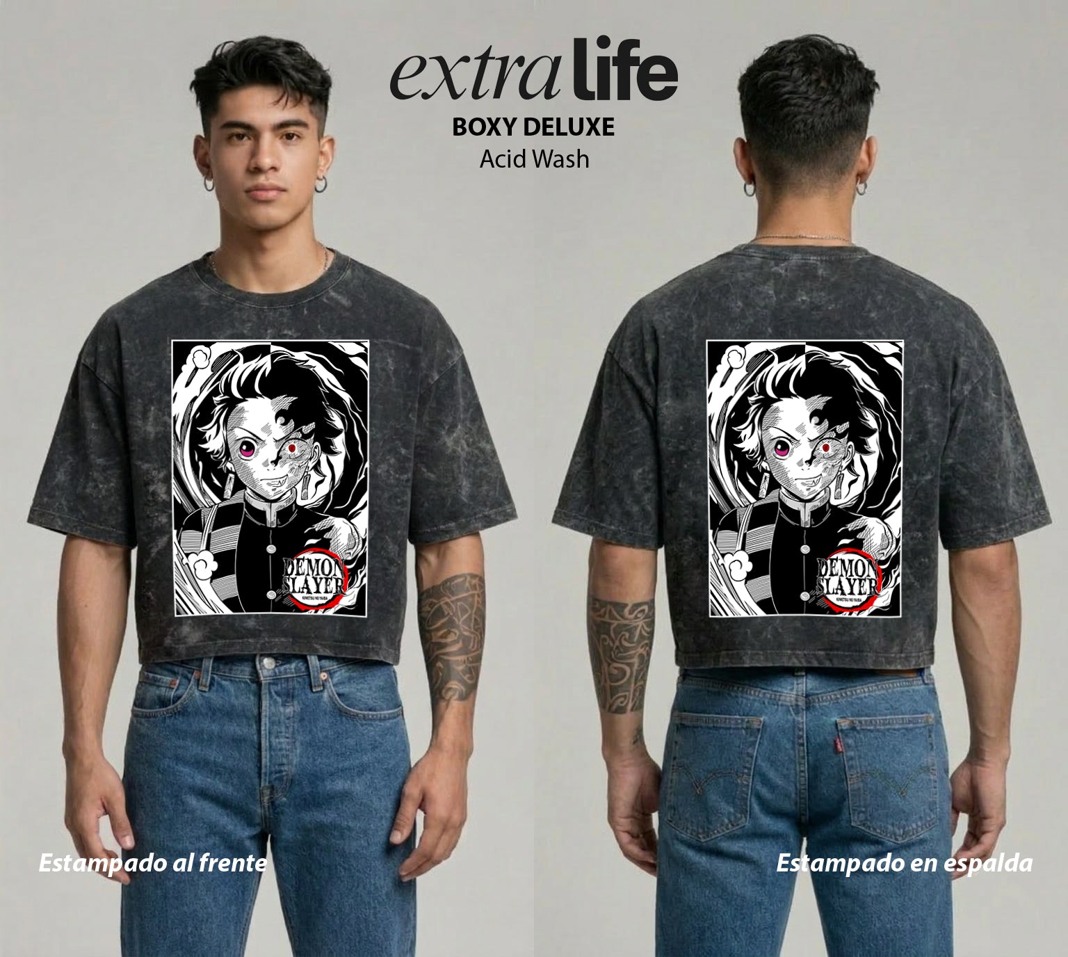 Playera streetwear premium de anime y gaming ExtraLife MX, corte boxy deluxe mineral wash heavyweight en color Acid Wash, moda urbana mexicana de culto.