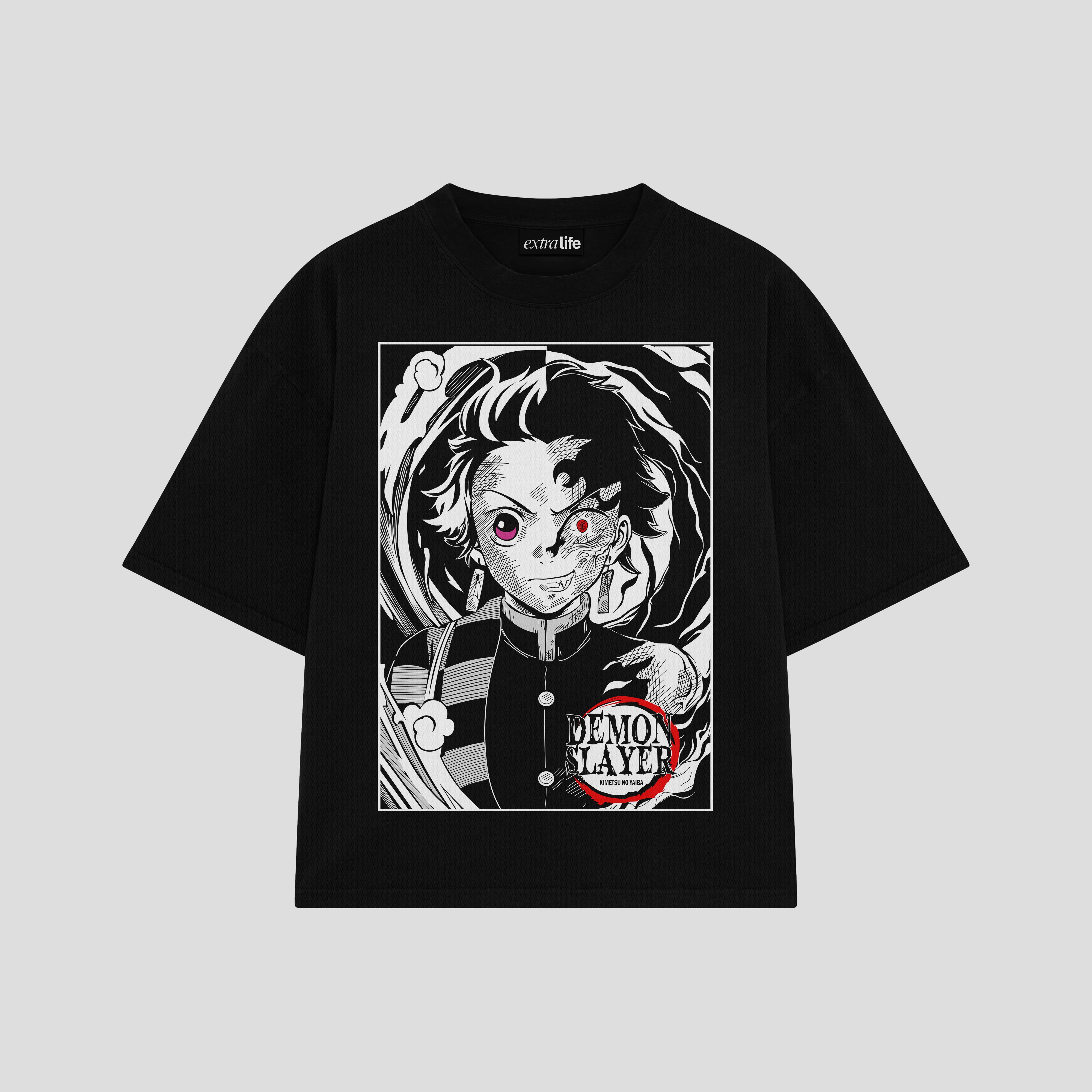 Playera streetwear premium de anime y gaming ExtraLife MX, corte boxy oversized drop shoulder heavyweight en color Deep Black y Off-White, moda urbana mexicana de culto.