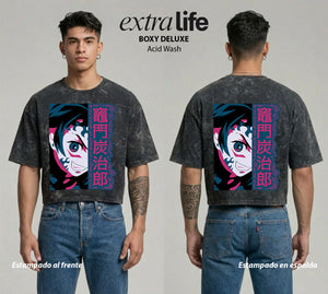 Playera streetwear premium de anime y gaming ExtraLife MX, corte boxy deluxe mineral wash heavyweight en color Acid Wash, moda urbana mexicana de culto.