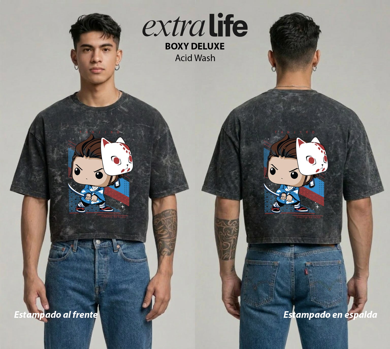 Playera streetwear premium de anime y gaming ExtraLife MX, corte boxy deluxe mineral wash heavyweight en color Acid Wash, moda urbana mexicana de culto.