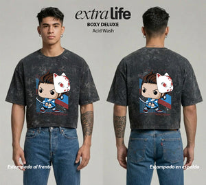 Playera streetwear premium de anime y gaming ExtraLife MX, corte boxy deluxe mineral wash heavyweight en color Acid Wash, moda urbana mexicana de culto.