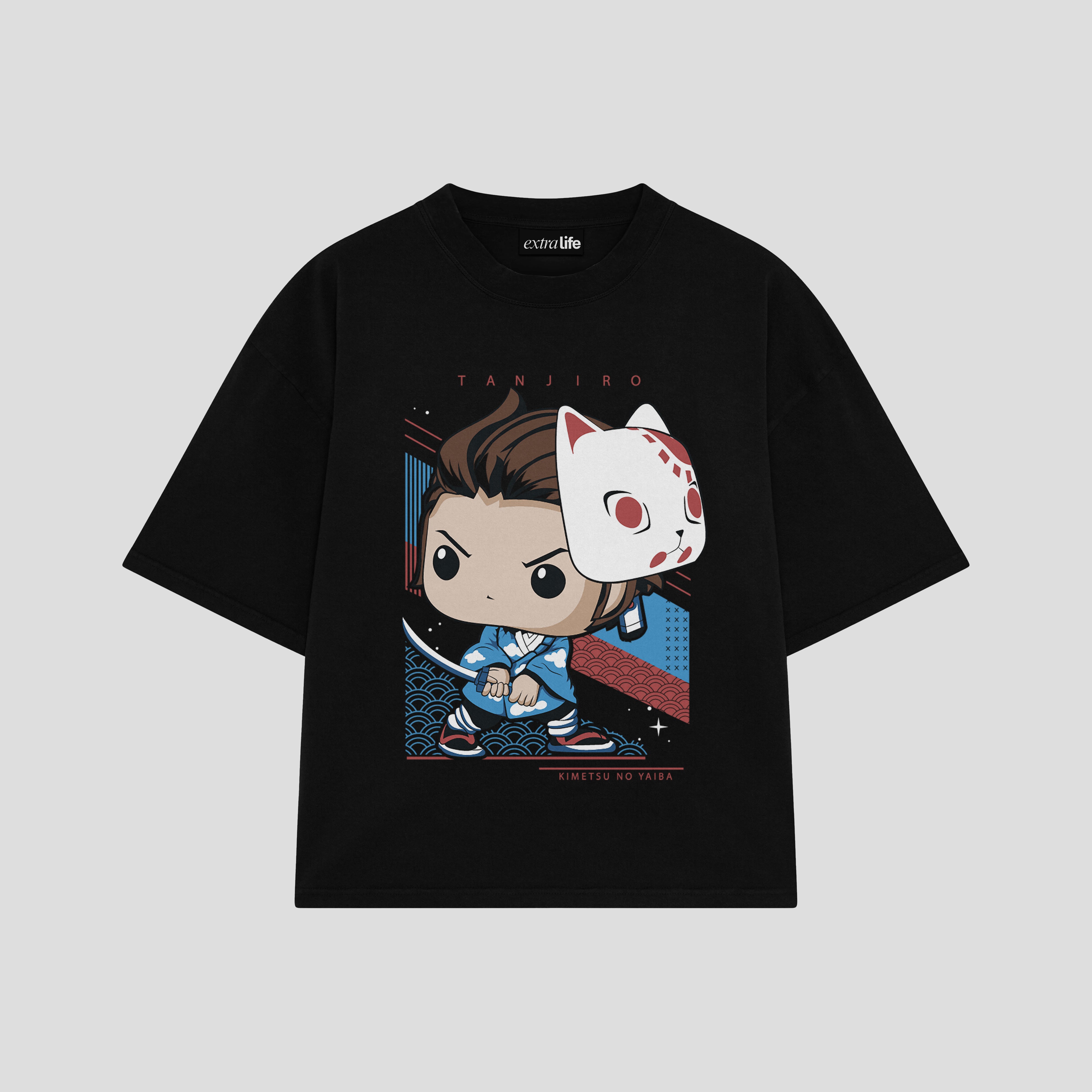 Playera streetwear premium de anime y gaming ExtraLife MX, corte boxy oversized drop shoulder heavyweight en color Deep Black y Off-White, moda urbana mexicana de culto.