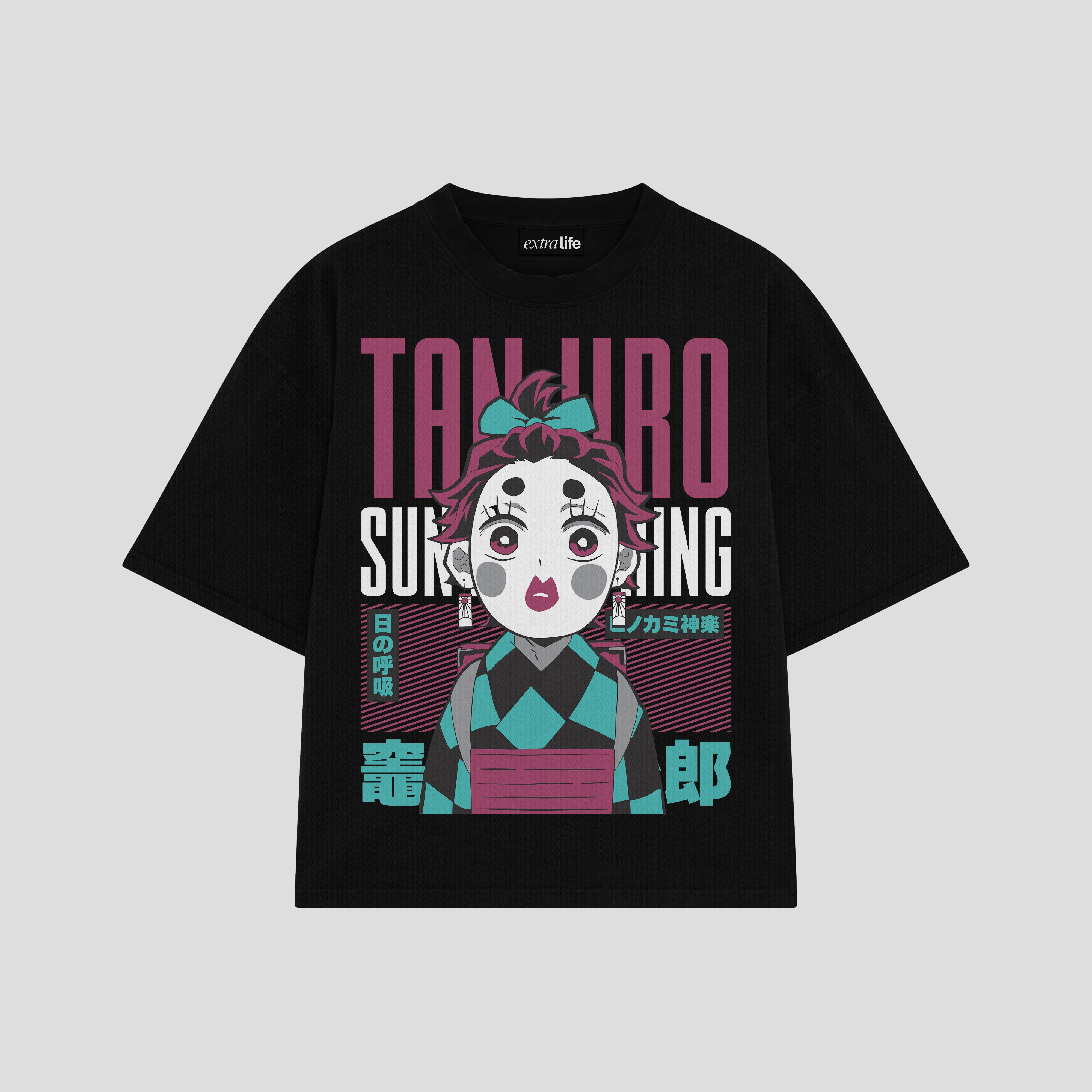 Playera streetwear premium de anime y gaming ExtraLife MX, corte boxy oversized drop shoulder heavyweight en color Deep Black y Off-White, moda urbana mexicana de culto.