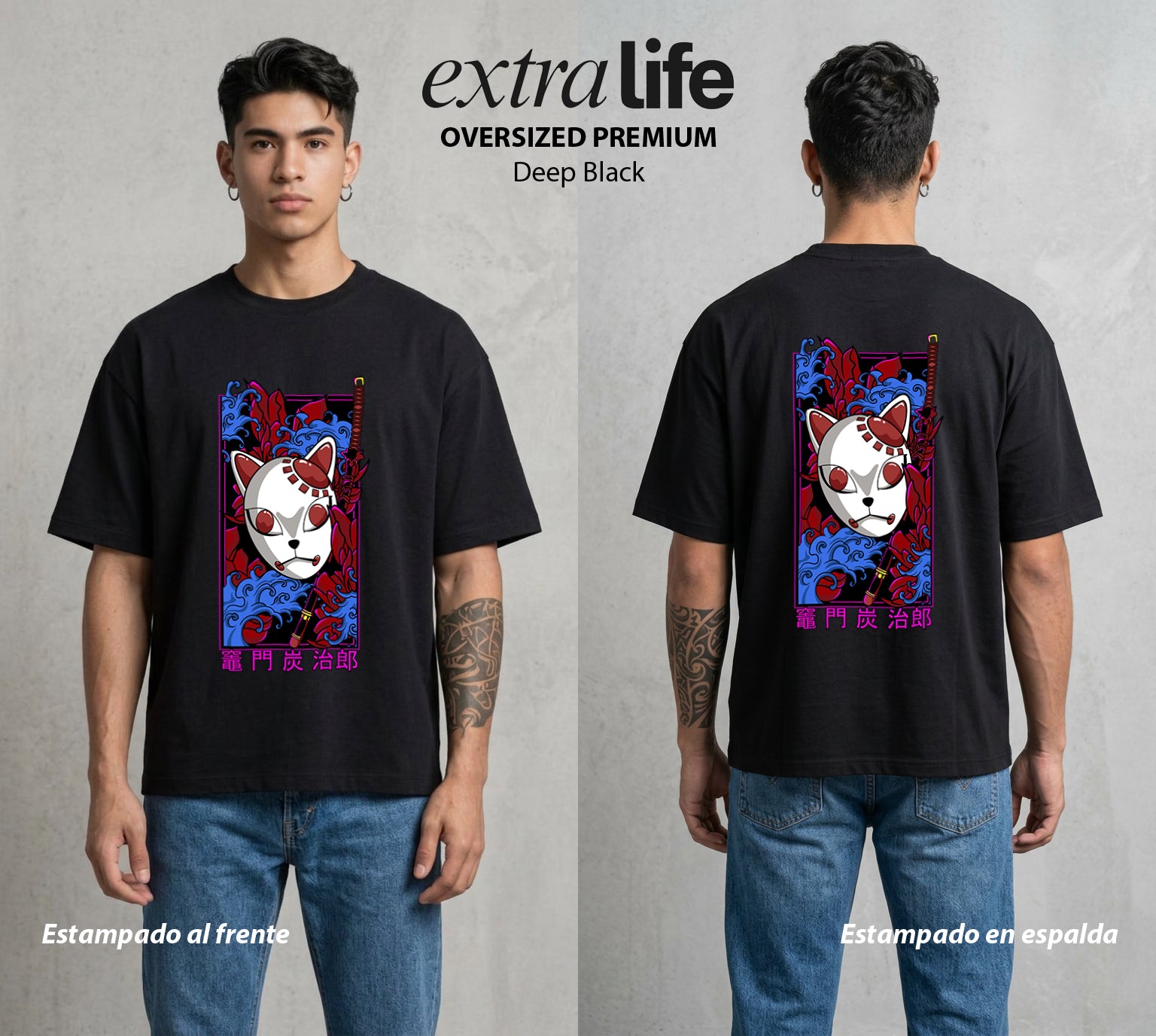 Cazadores de la Noche | El Cazador del Agua con Mascara #01228 - Playera Oversized Premium | Deep Black - Foto en modelo