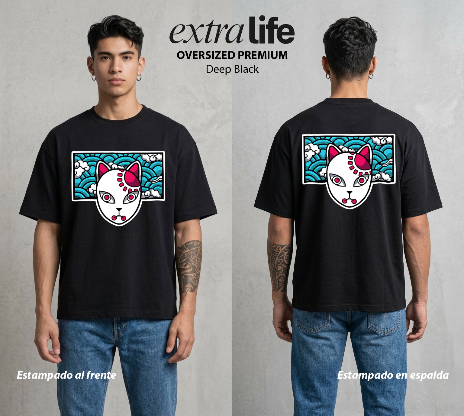 Cazadores de la Noche | Danza del Agua con Mascara #01229 - Playera Oversized Premium | Deep Black - Foto en modelo