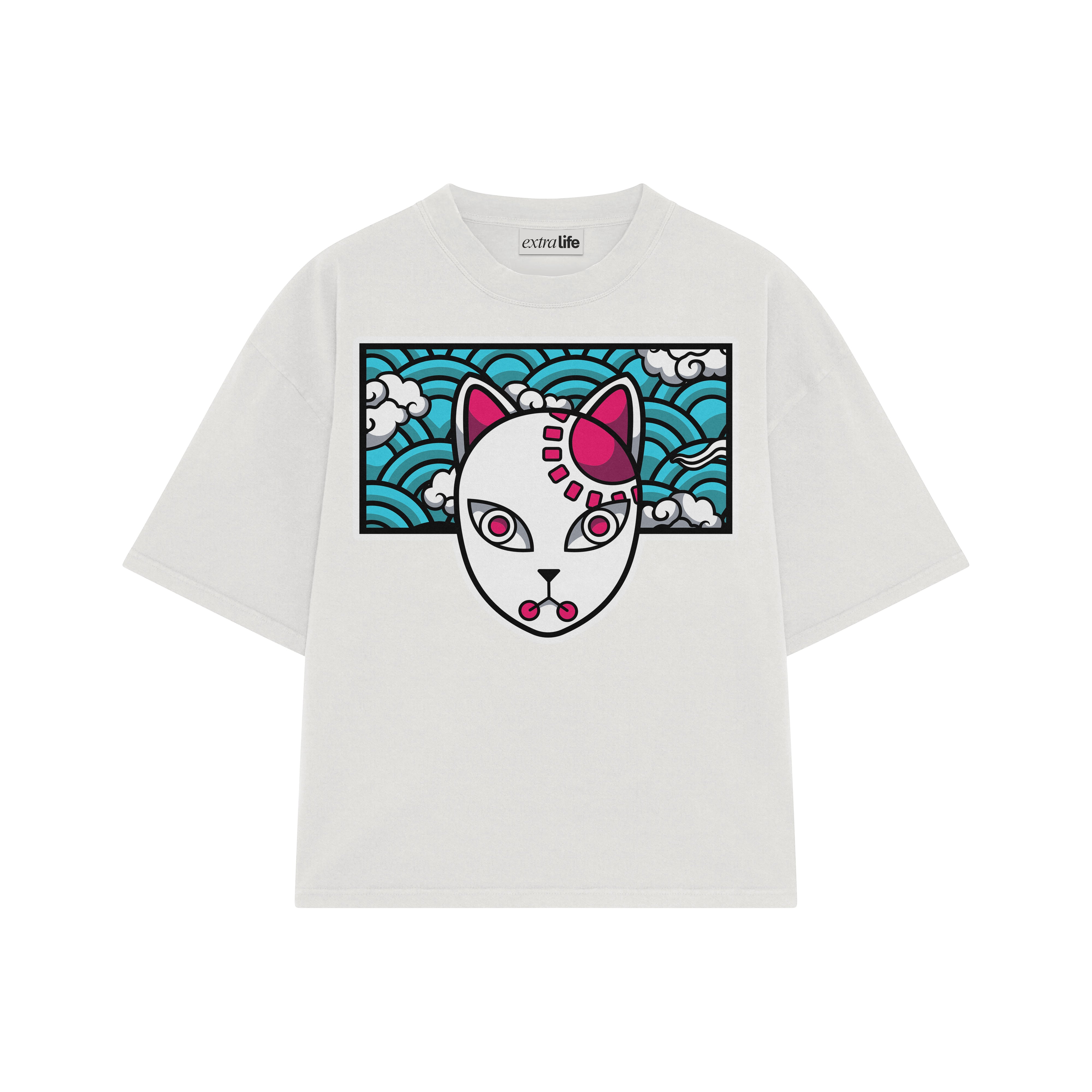 Playera streetwear premium de anime y gaming ExtraLife MX, corte boxy oversized drop shoulder heavyweight en color Deep Black y Off-White, moda urbana mexicana de culto.