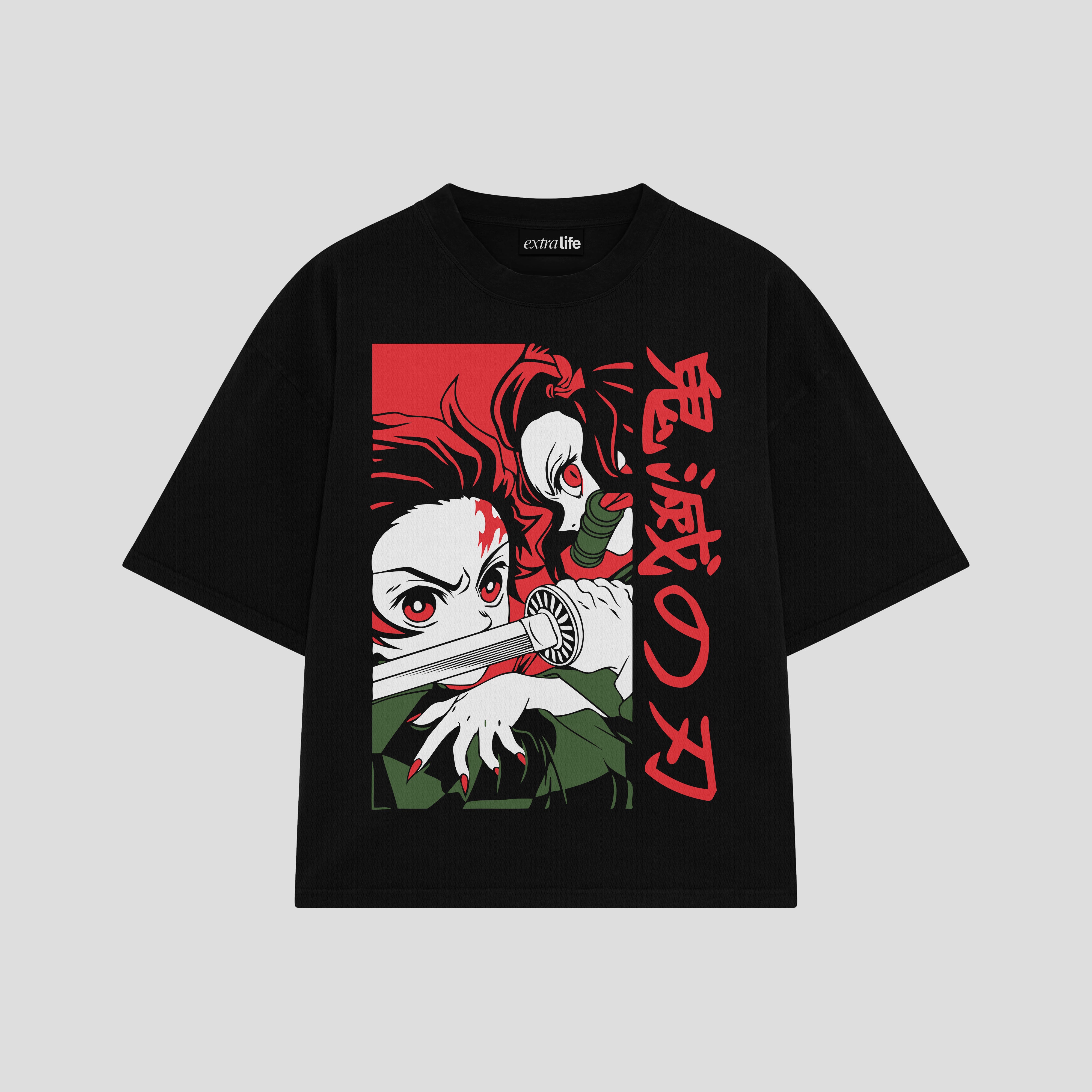 Playera streetwear premium de anime y gaming ExtraLife MX, corte boxy oversized drop shoulder heavyweight en color Deep Black y Off-White, moda urbana mexicana de culto.