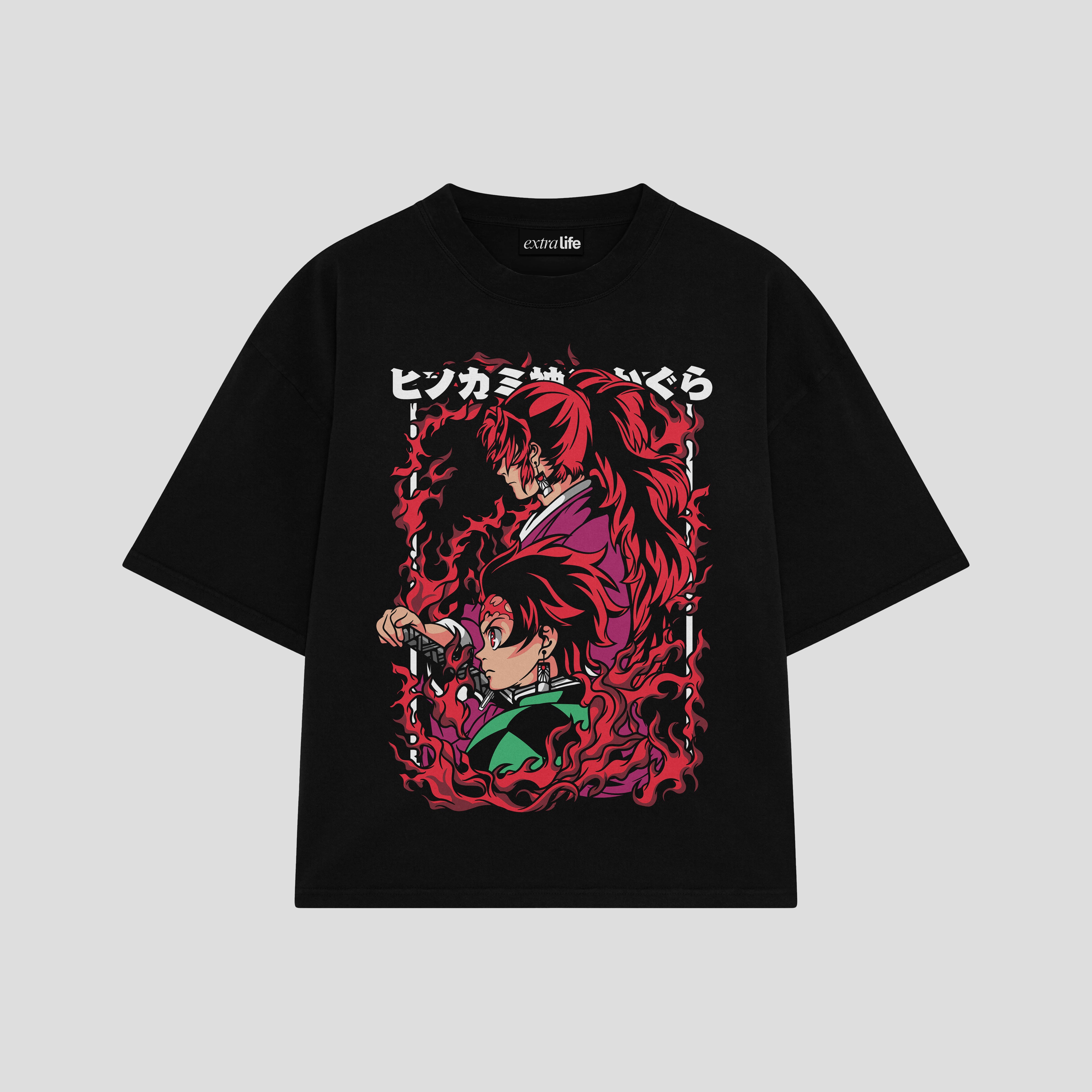 Playera streetwear premium de anime y gaming ExtraLife MX, corte boxy oversized drop shoulder heavyweight en color Deep Black y Off-White, moda urbana mexicana de culto.