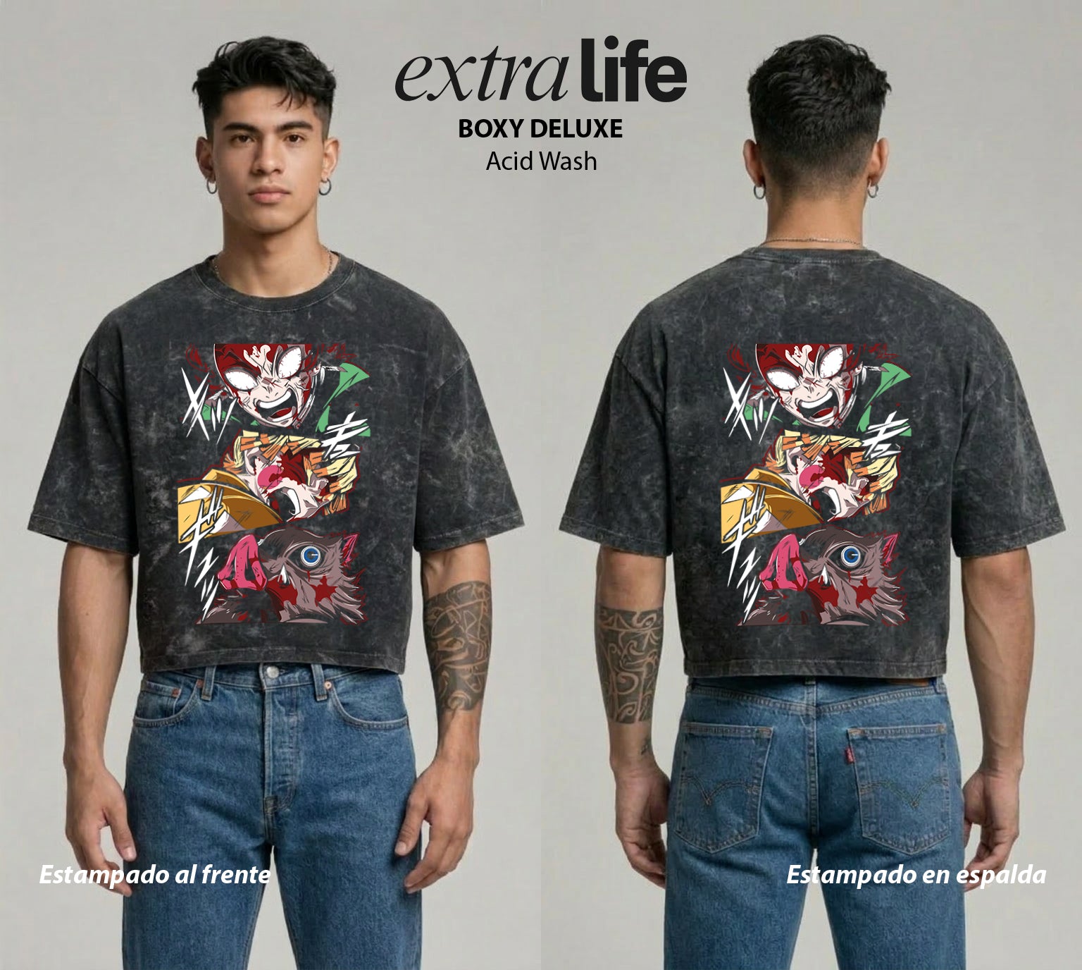 Playera streetwear premium de anime y gaming ExtraLife MX, corte boxy deluxe mineral wash heavyweight en color Acid Wash, moda urbana mexicana de culto.