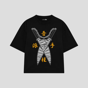 Playera streetwear premium de anime y gaming ExtraLife MX, corte boxy oversized drop shoulder heavyweight en color Deep Black y Off-White, moda urbana mexicana de culto.